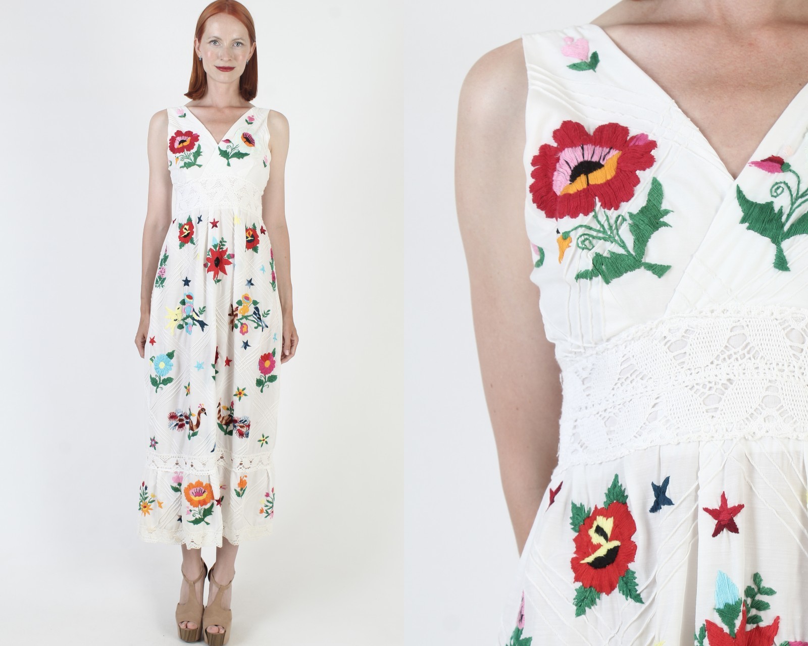 Vintage Mexican Pintuck Dress Open back Halter Embroidered Wht Fiesta Sundress