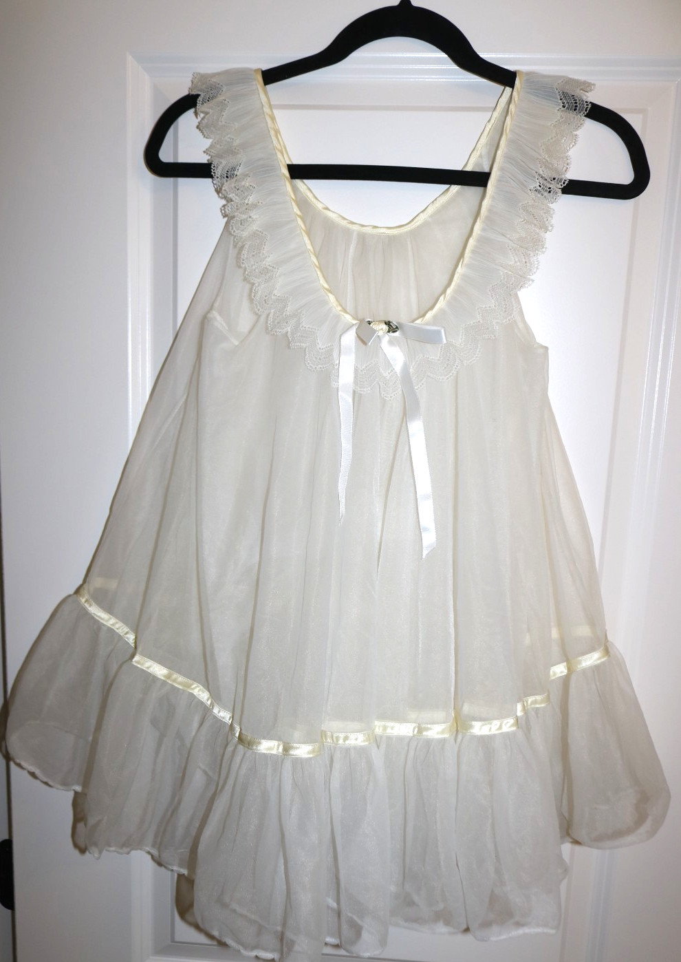 VINTAGE RARE TOSCA LAYER NYLON CHiFFON BABYDOLL NiGHTiE Cream Ivory M LACE BOW