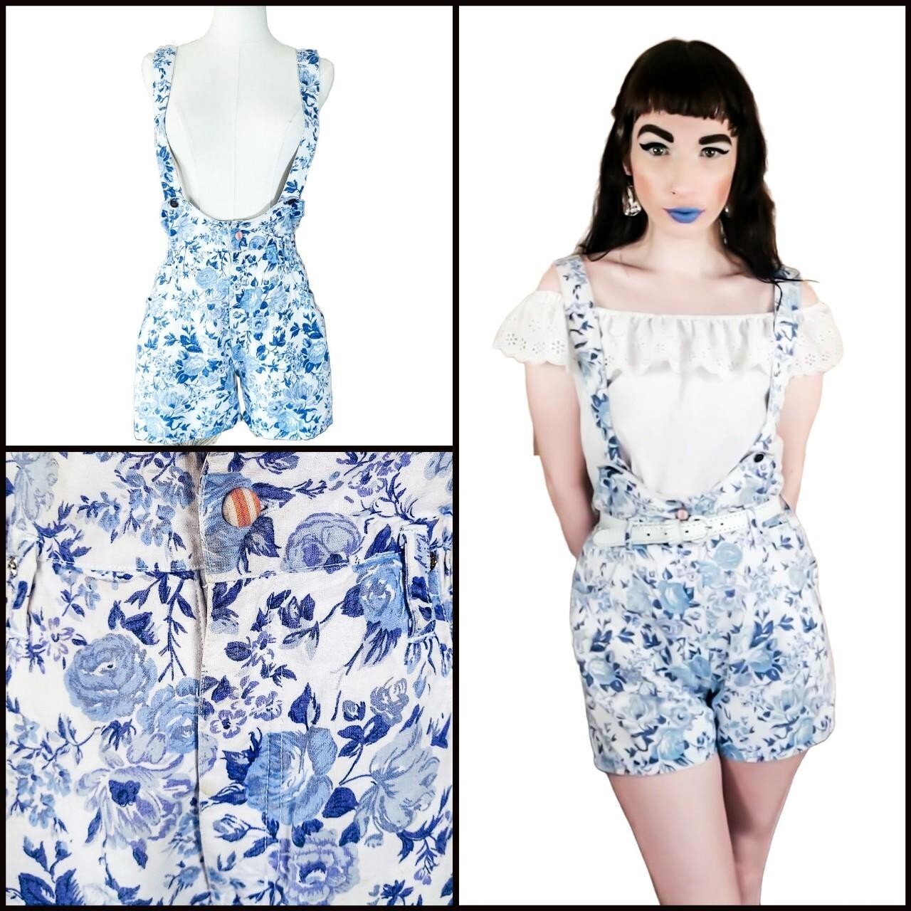 Vintage 1990s Denim Underbust Blue Floral Cottagecore Overall Shorts Romper