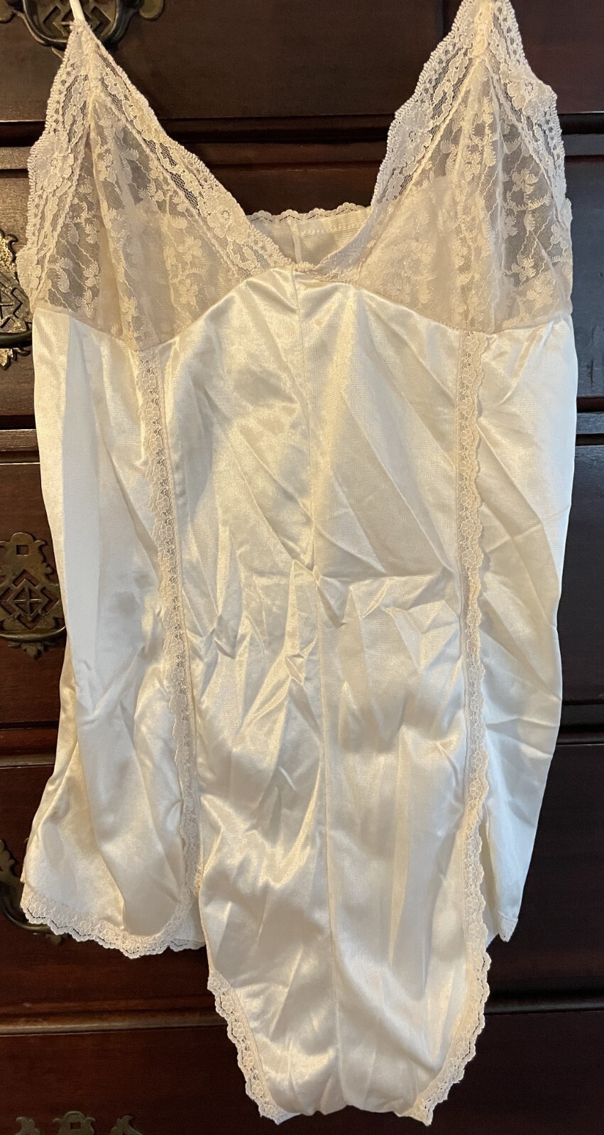 Vtg 100% Nylon Sheer Lace Teddy Bodysuit Cream Sz Small