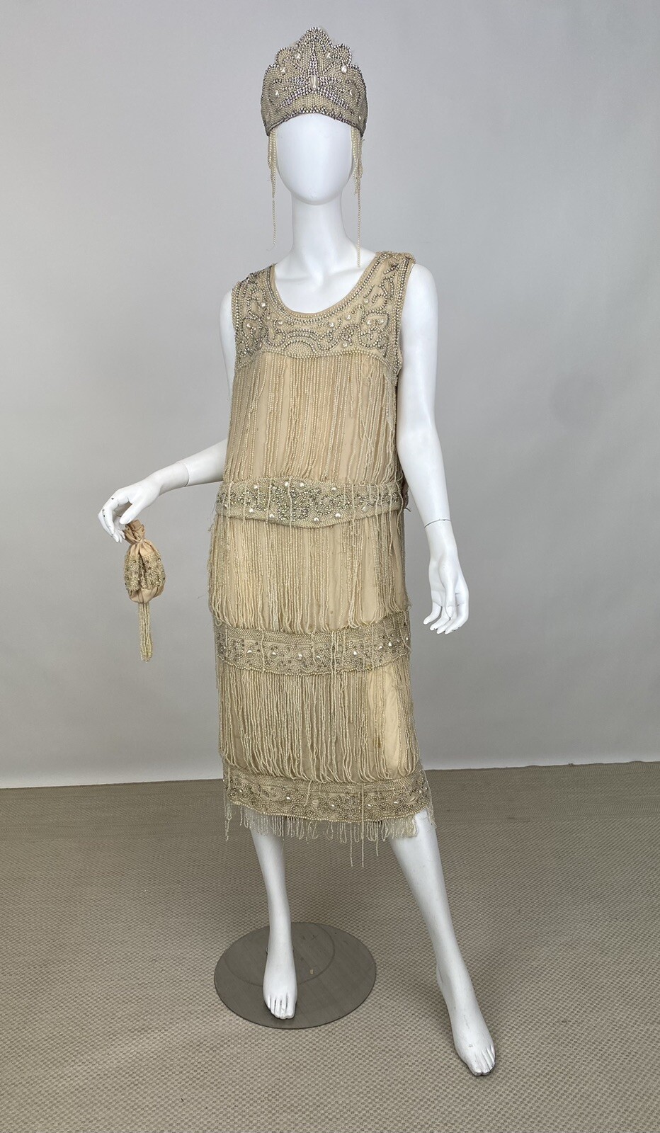 Real Antique 1920s Flapper Wedding Gown Train Headpiece Pearls Rhinestones