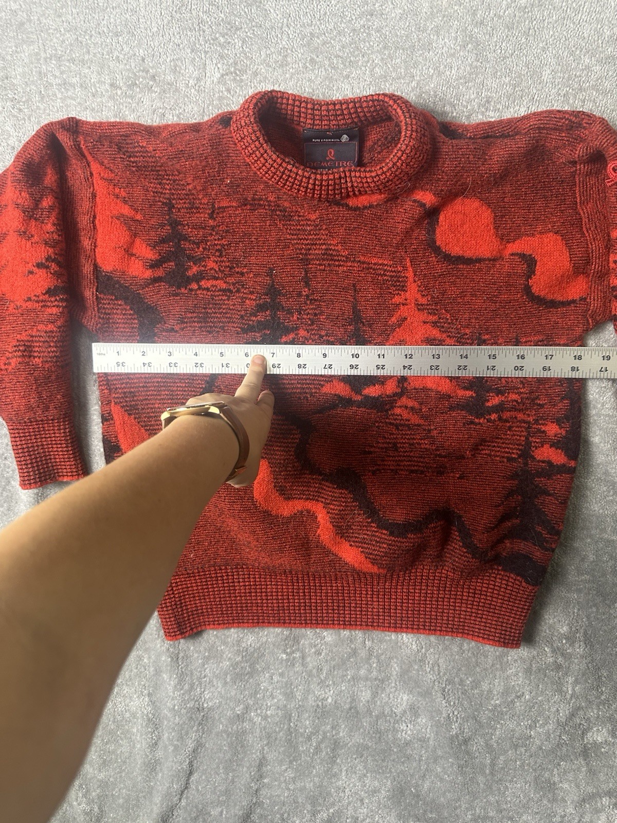 VTG 80s Demetre Pure Virgin Wool Scenic Sweater USA Red Black Mock Neck XXS XS