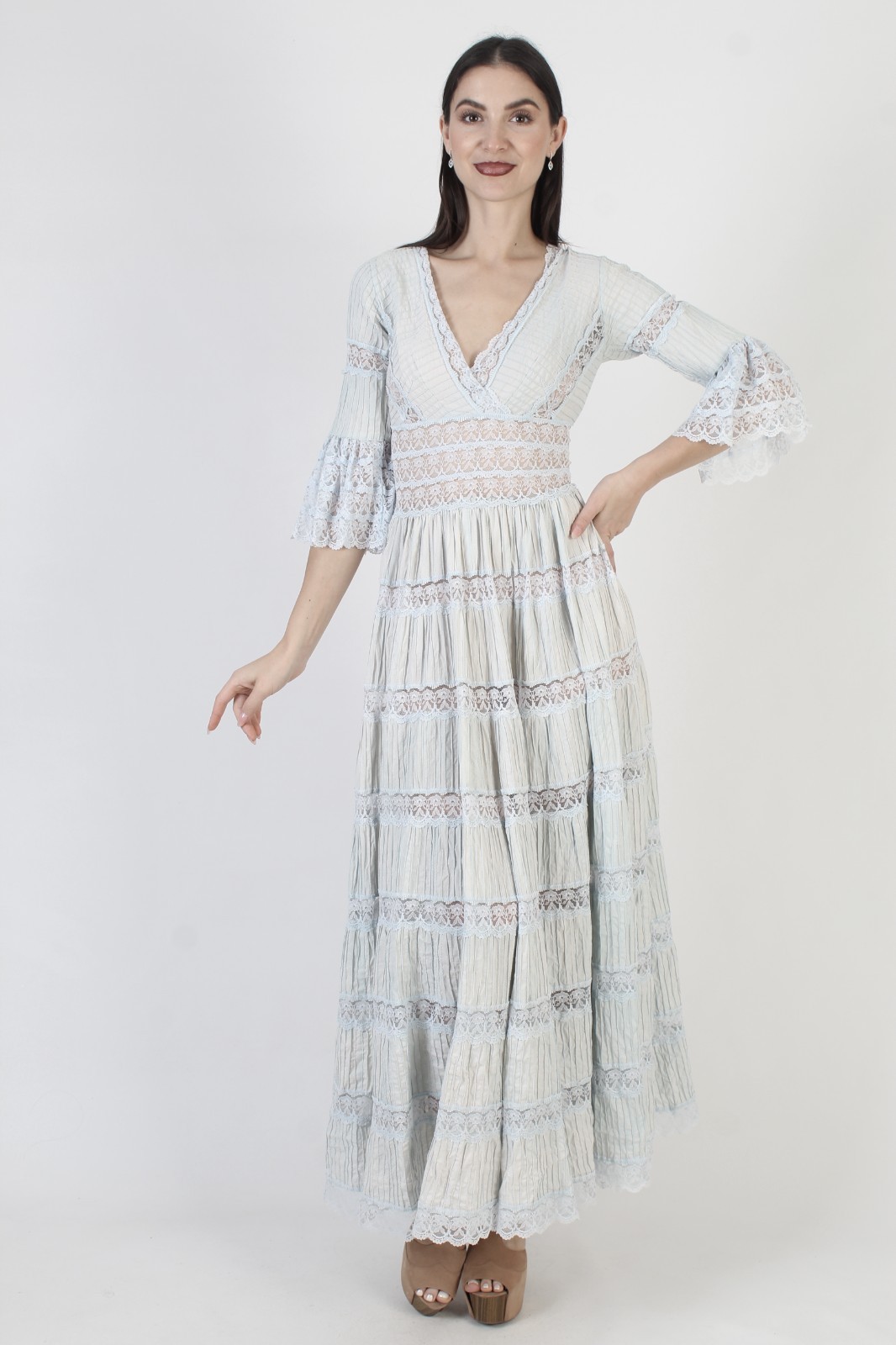 Mexican Pintuck Wedding Dress Vtg Blue Folklorico Puebla Bell Angel Sleeve Gown