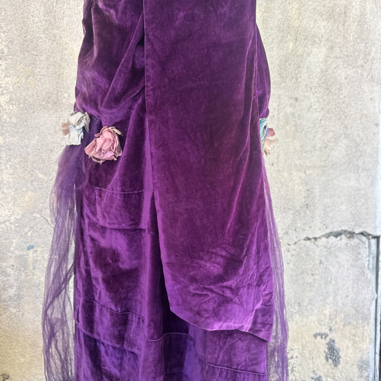 Antique Teens 1920s Purple Silk Velvet Gown Silver Lamé Flowers Dress Vintage