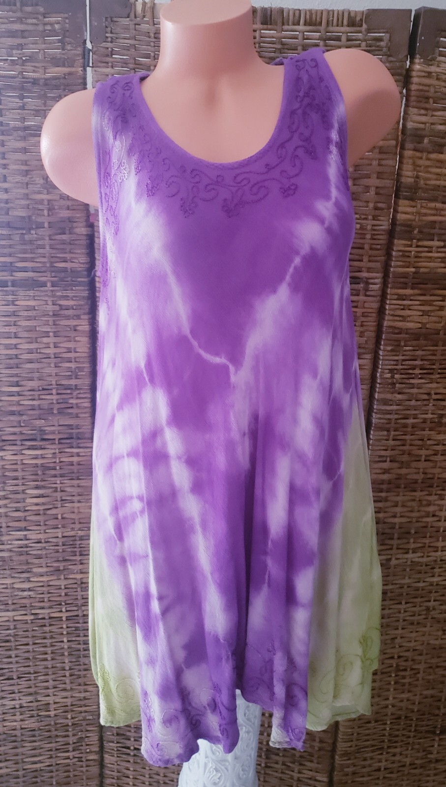 Vintage Rayon Embroidered Tie-Dye Boho Hippie Blouse Tunic Dress Free Size XL
