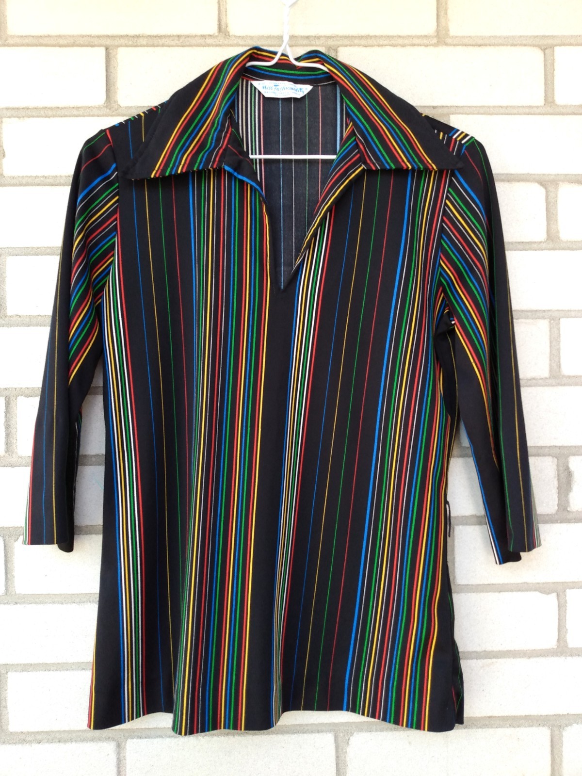 Vintage 70s Tunic Top 35″ Bust Black Stripes Butterfly Collar Miss Fashionality