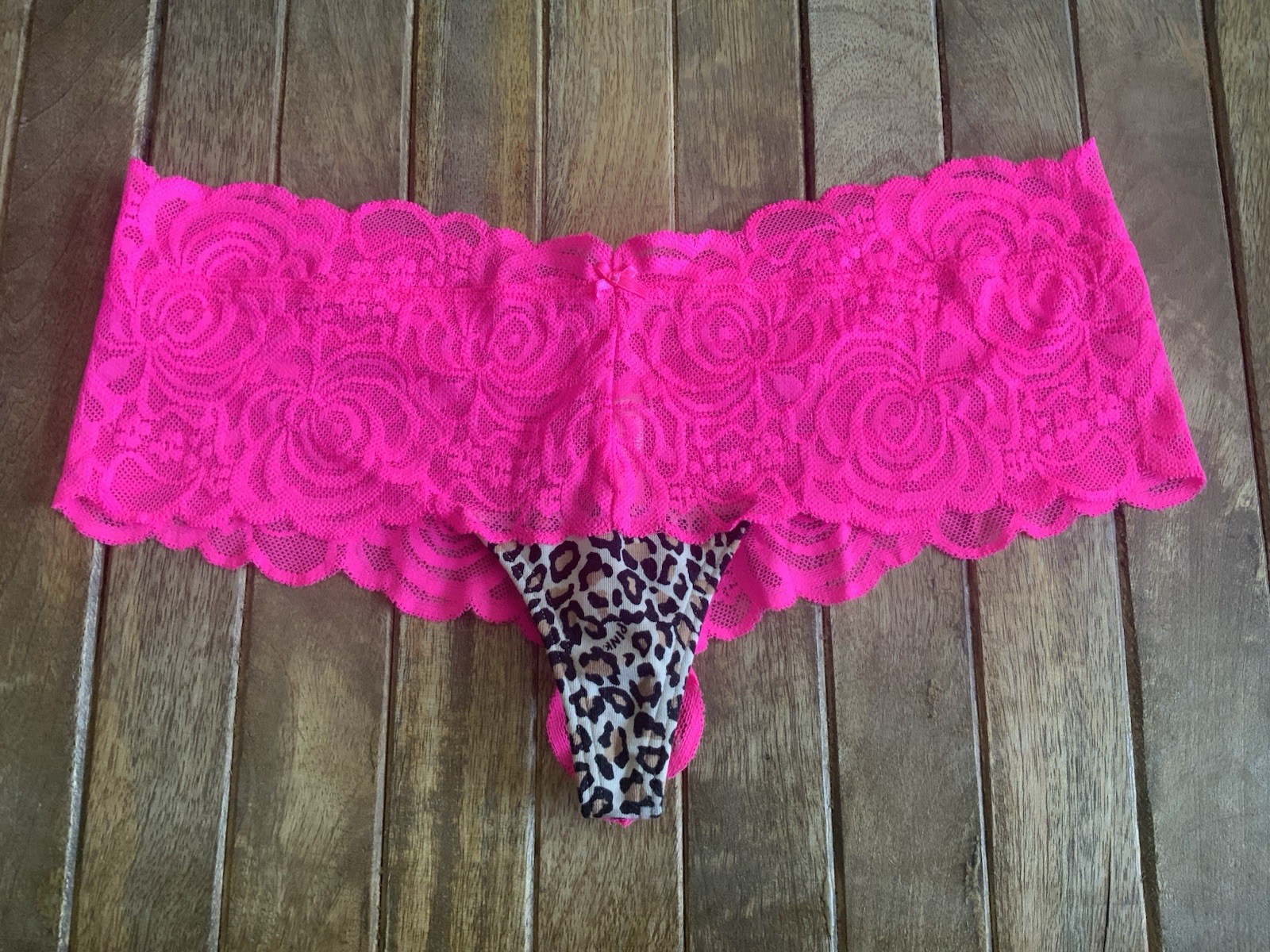 Vtg Victoria’s Secret Pink S/P Animal Print Thong Ex Low W Wide Neon Trim