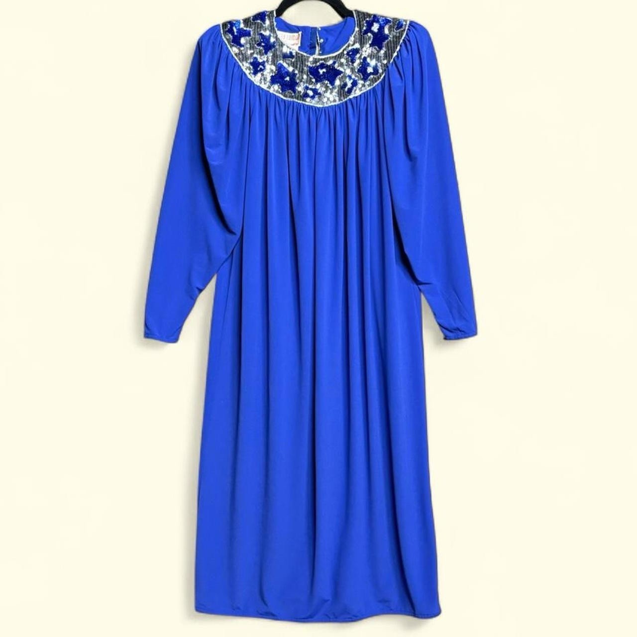 80’s Maggy London By Jeannene Booher Blue Beaded & Sequin Collared Midi Dress