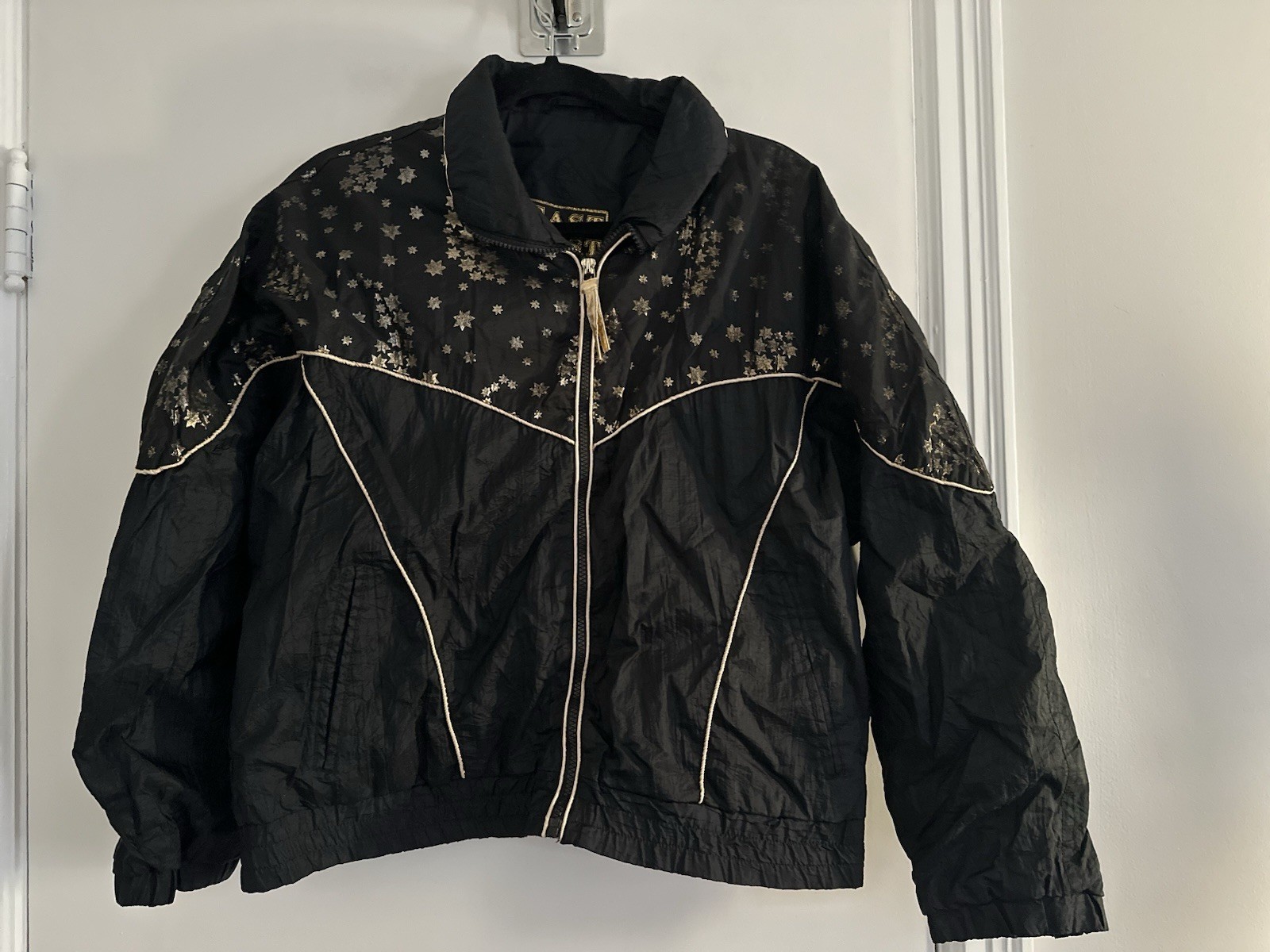 East West 80’s Black & Gold Glitter Star Patterned Zip-Up Windbreaker Jacket