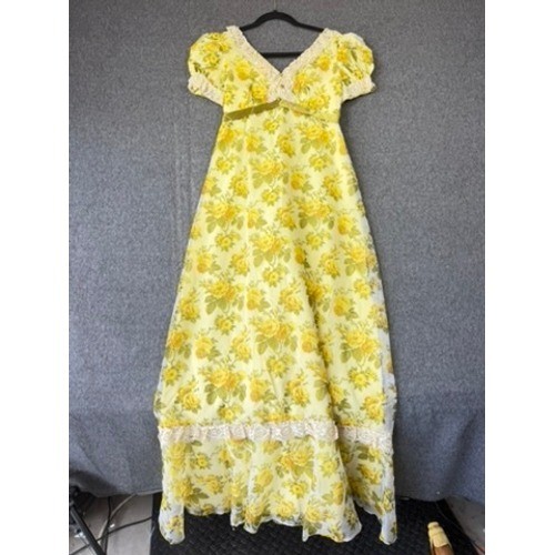 Vintage Yellow Floral Lace Empire Waist Maxi Dress Cottagecore Prairie Gown