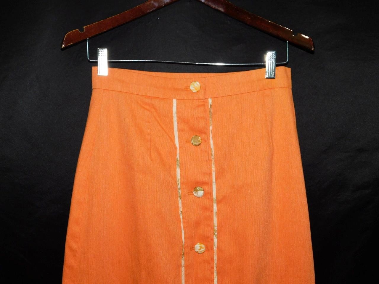 Vtg 70s S Orange A Line Maxi Skirt Button Front Cotton Floral Lined Cotton Long