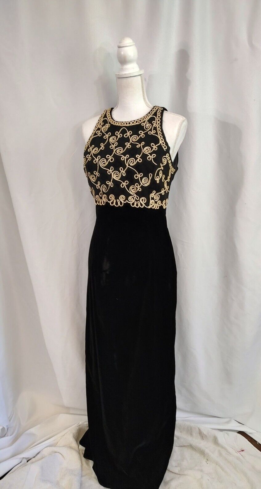 Y2K 90’s Vintage Black Velvet Dress McClintock Gold Trim Pencil Maxi Formal 10