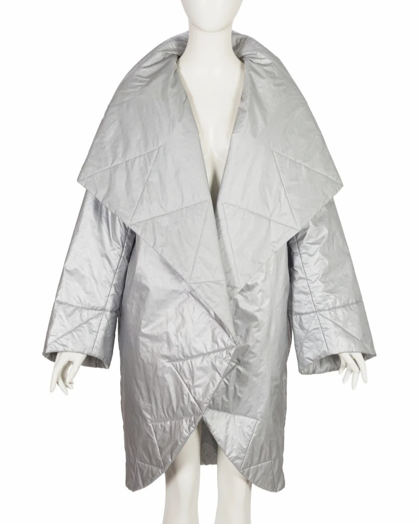 Norma Kamali 1990s Vintage Silver Nylon Shawl Collar Sleeping Bag Coat