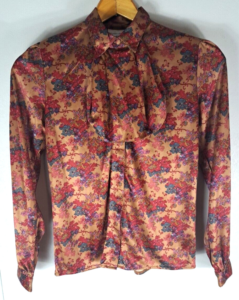 Vintage Queens Way Womens Button Down Top Collared Bow Brown Floral 1970s S