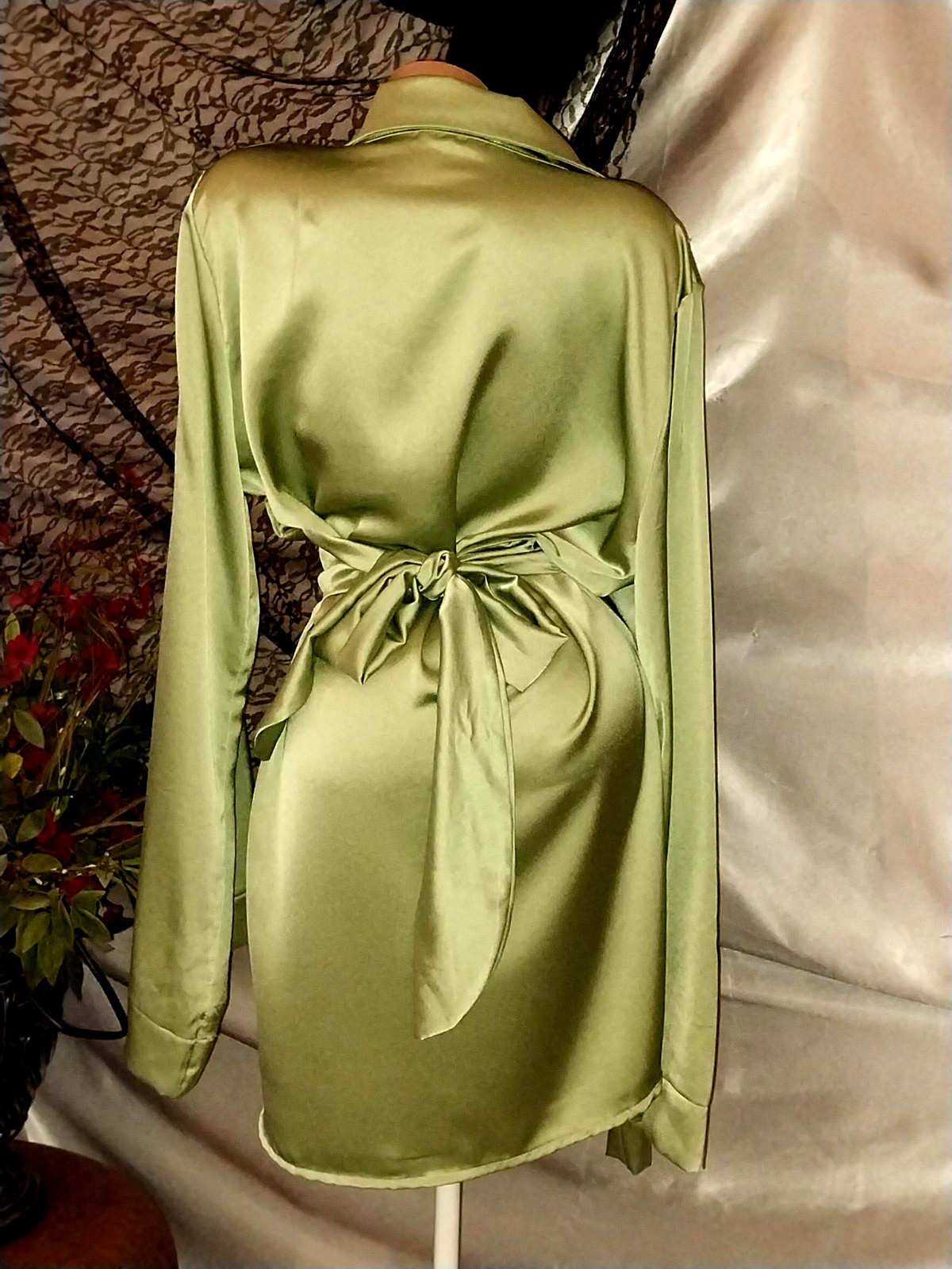 VTG SATIN SHINY LIME BOW WRAP BELT LANTERN FLARE SLV TUNIC BUTTON BLOUSE 46 XL