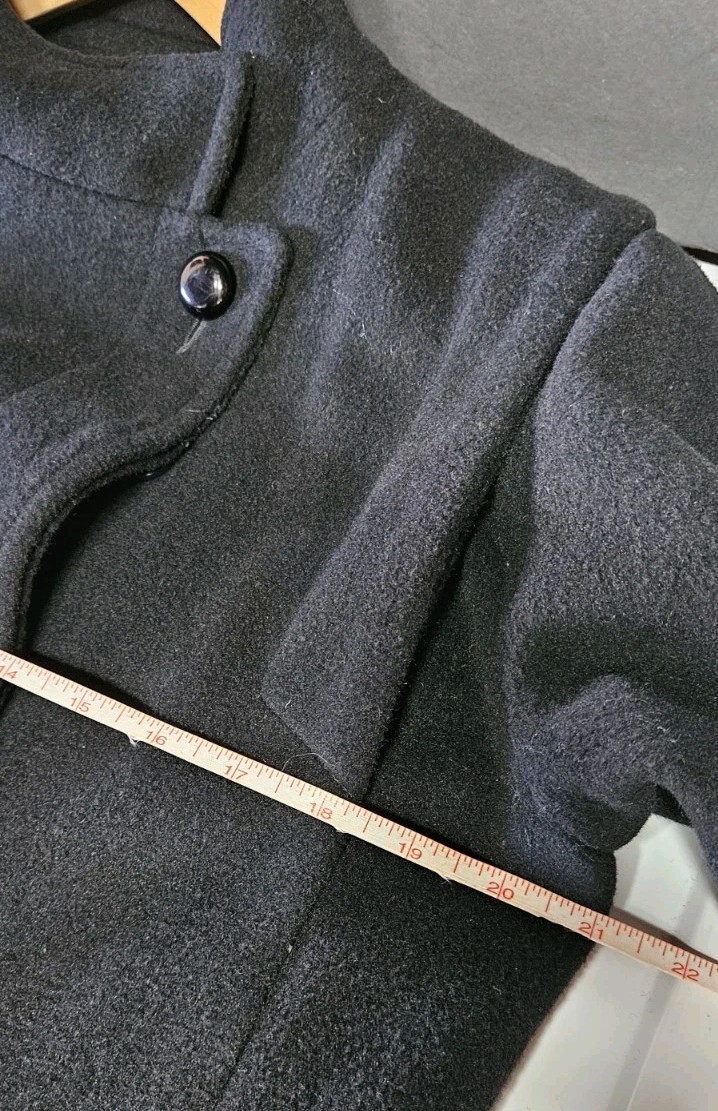 I. Magnin Womens Black Long Wool Coat Band Collar Side Button Sz 9/10 (M) VGUC