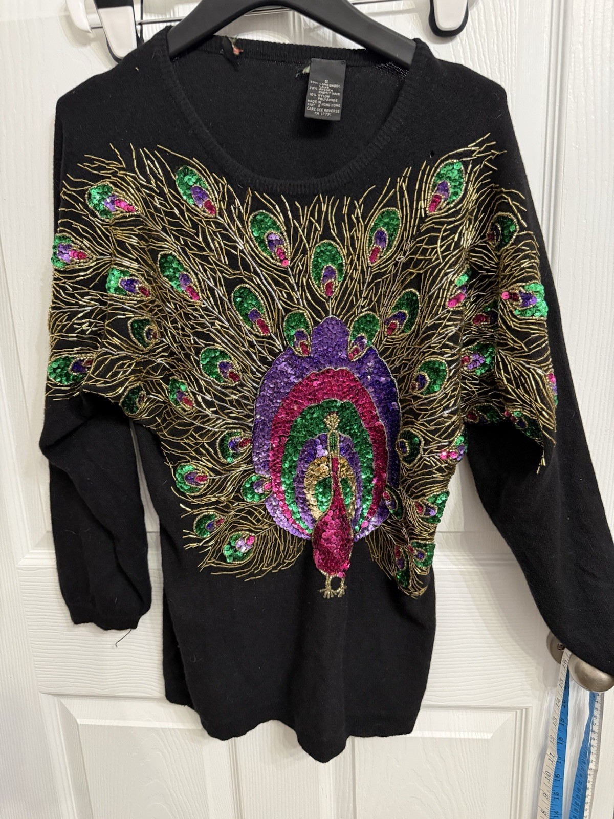 Vintage Angora Lambswool Peacock Beaded Sweater Black Sequin Hong Kong S