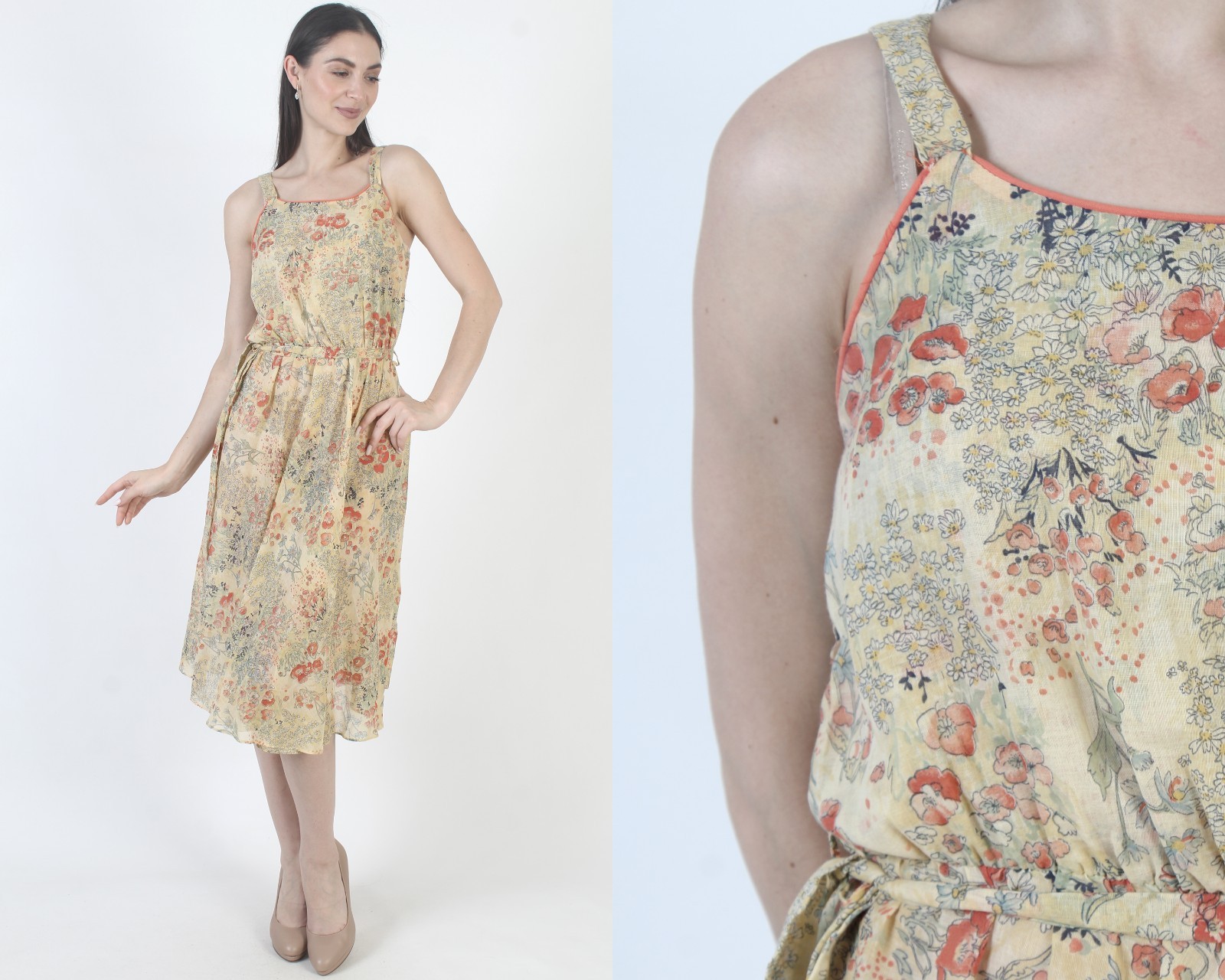 Vtg Cream Floral Prairie Dress Belted 70s Lightweight Sheer Summer Sundress