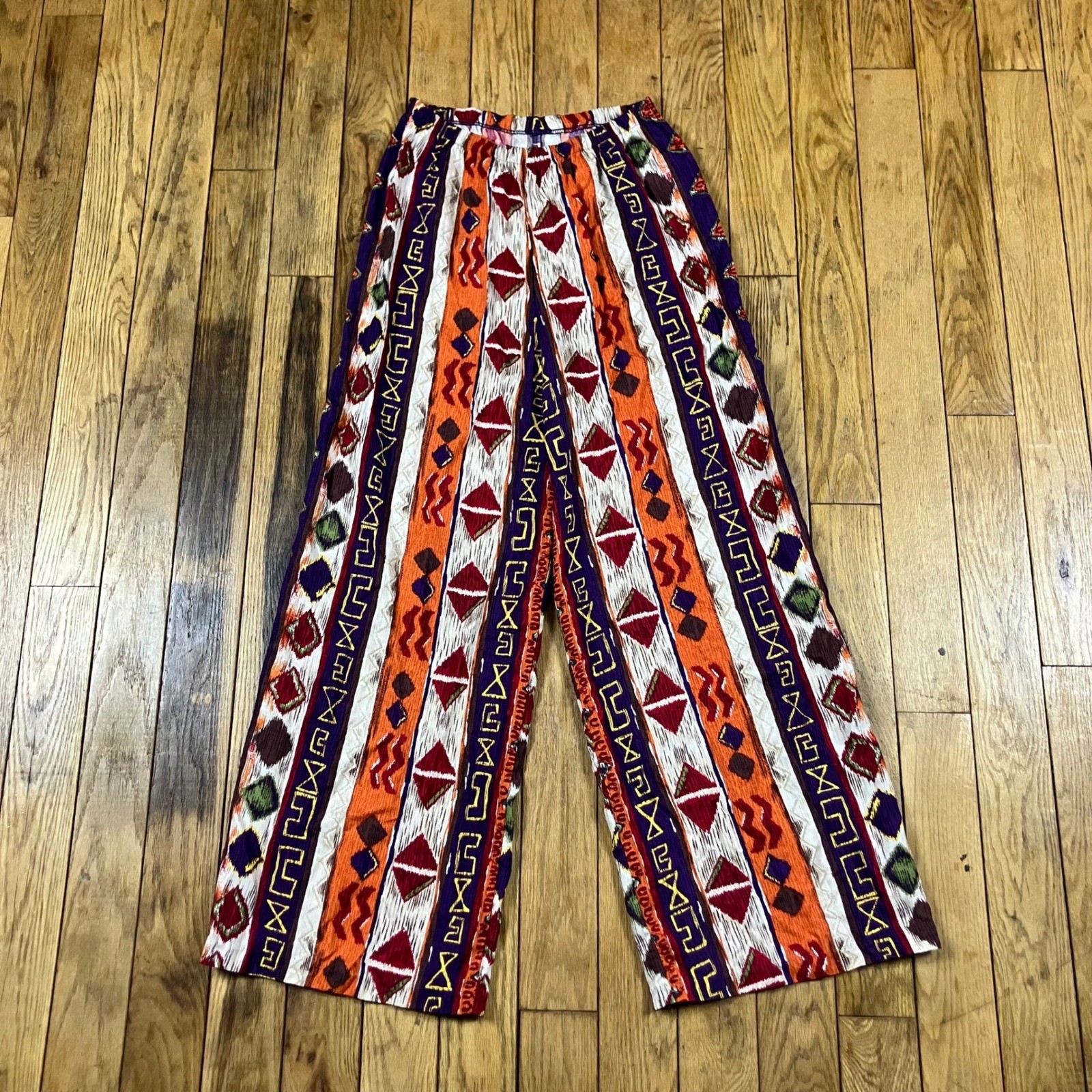 Vintage 90s Avon Style Geometric Tribal Print Wide Leg Pants Orange Purple M