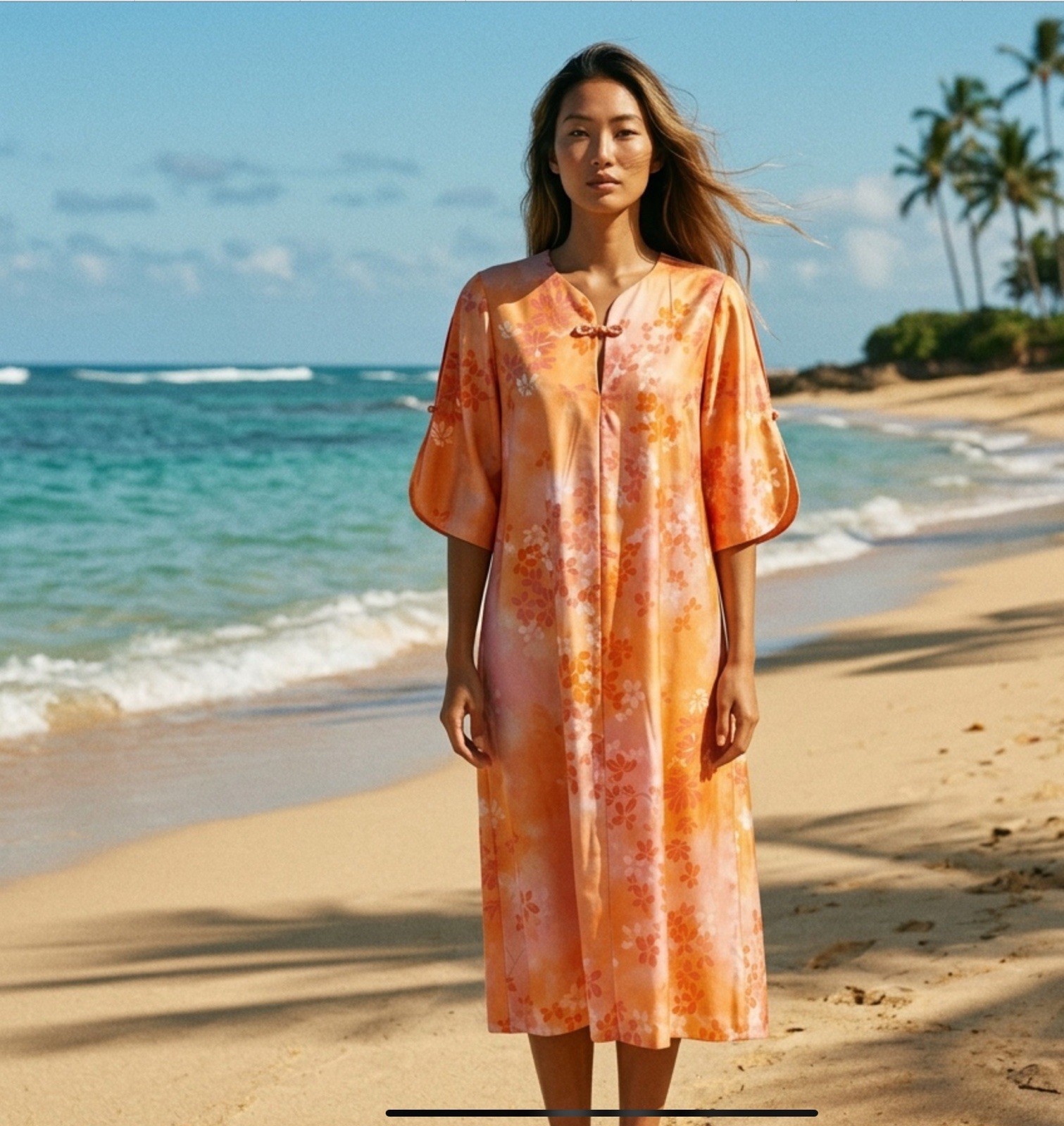 VTG Andrade Honolulu Polynesian Casuals Caftan Orange Peach Floral Size S Aloha