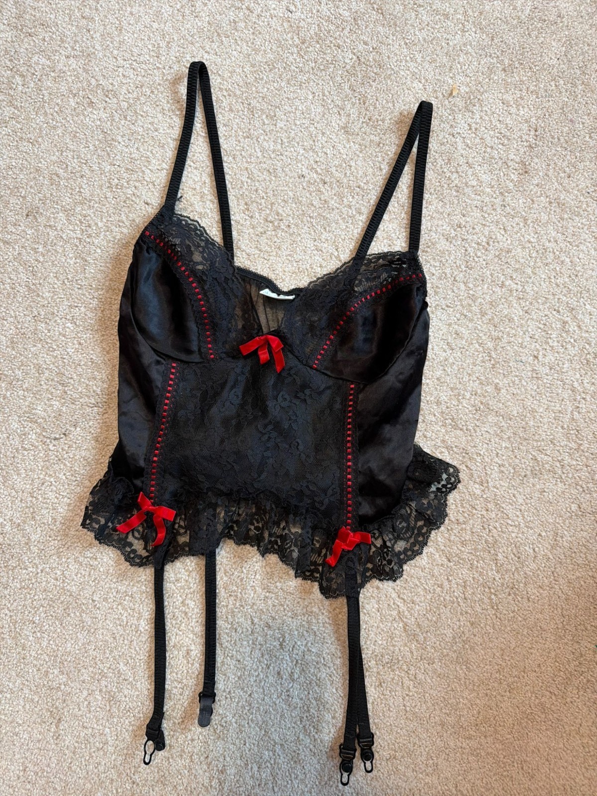 Vintage 90s Nan Flower Black Lace Red Bow Bustier Corset Lingerie Garter M Vampy