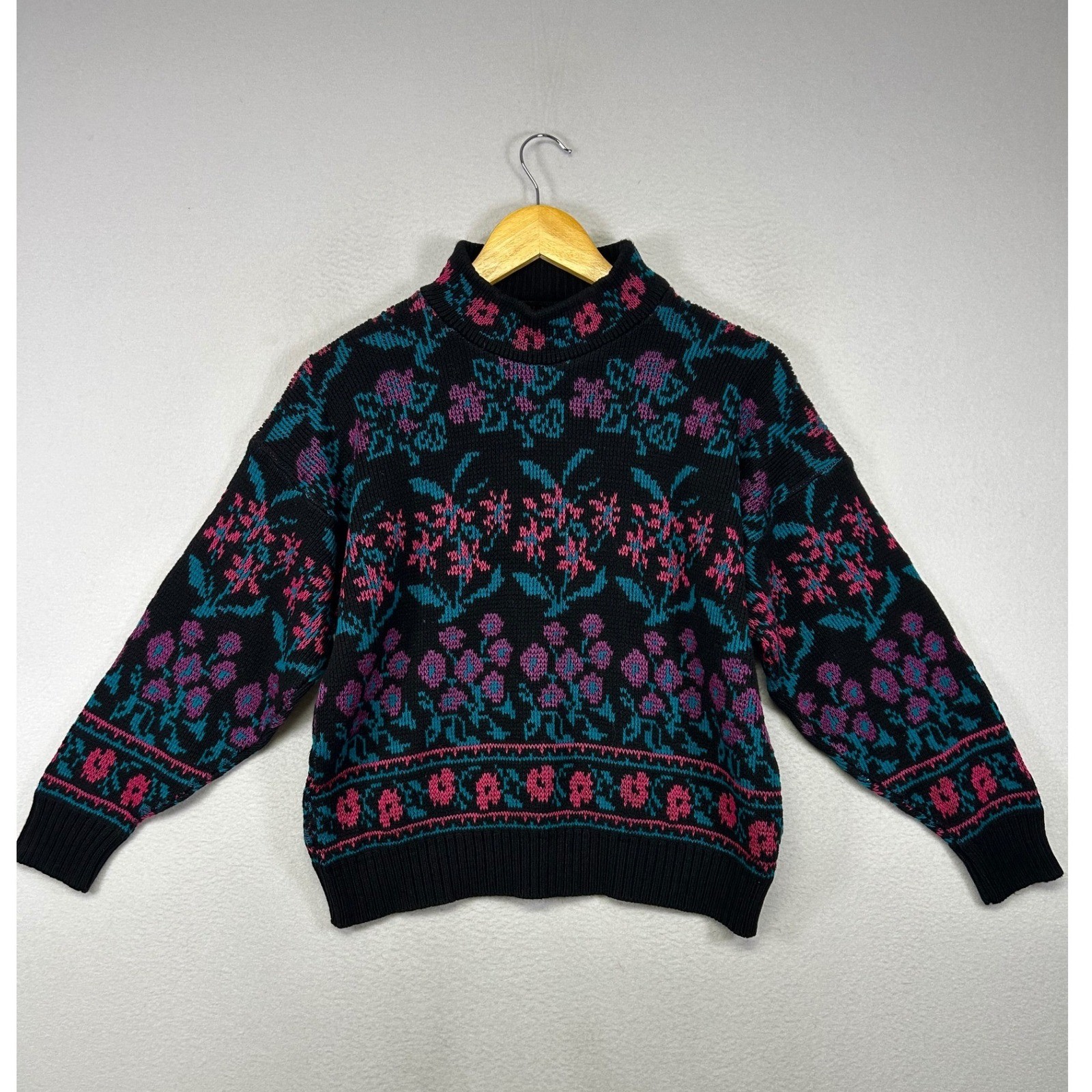 Grandma Core Vintage Womens Large Black Pink Floral Mock Neck Knit Sweater L