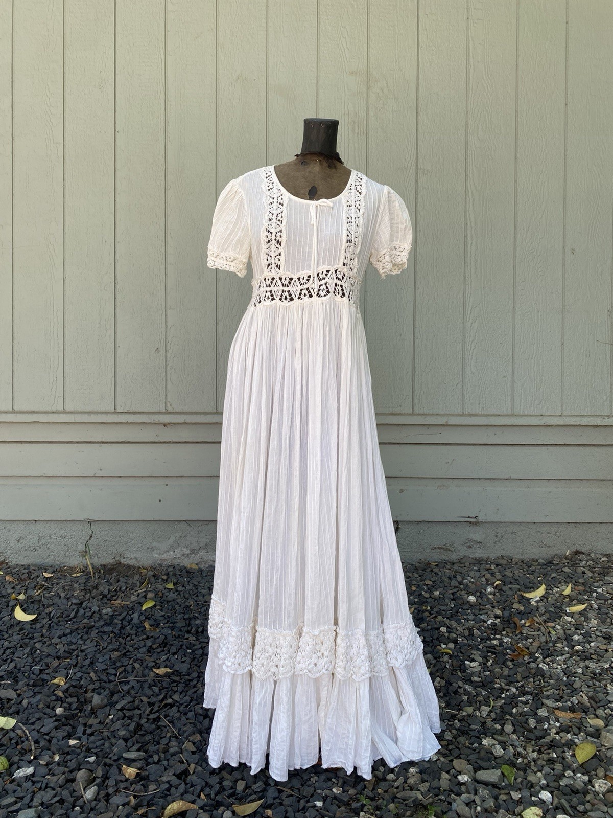 1970s Beverly Page White Prairie Maxi Dress Crochet Lace Boho Cottagecore VTG