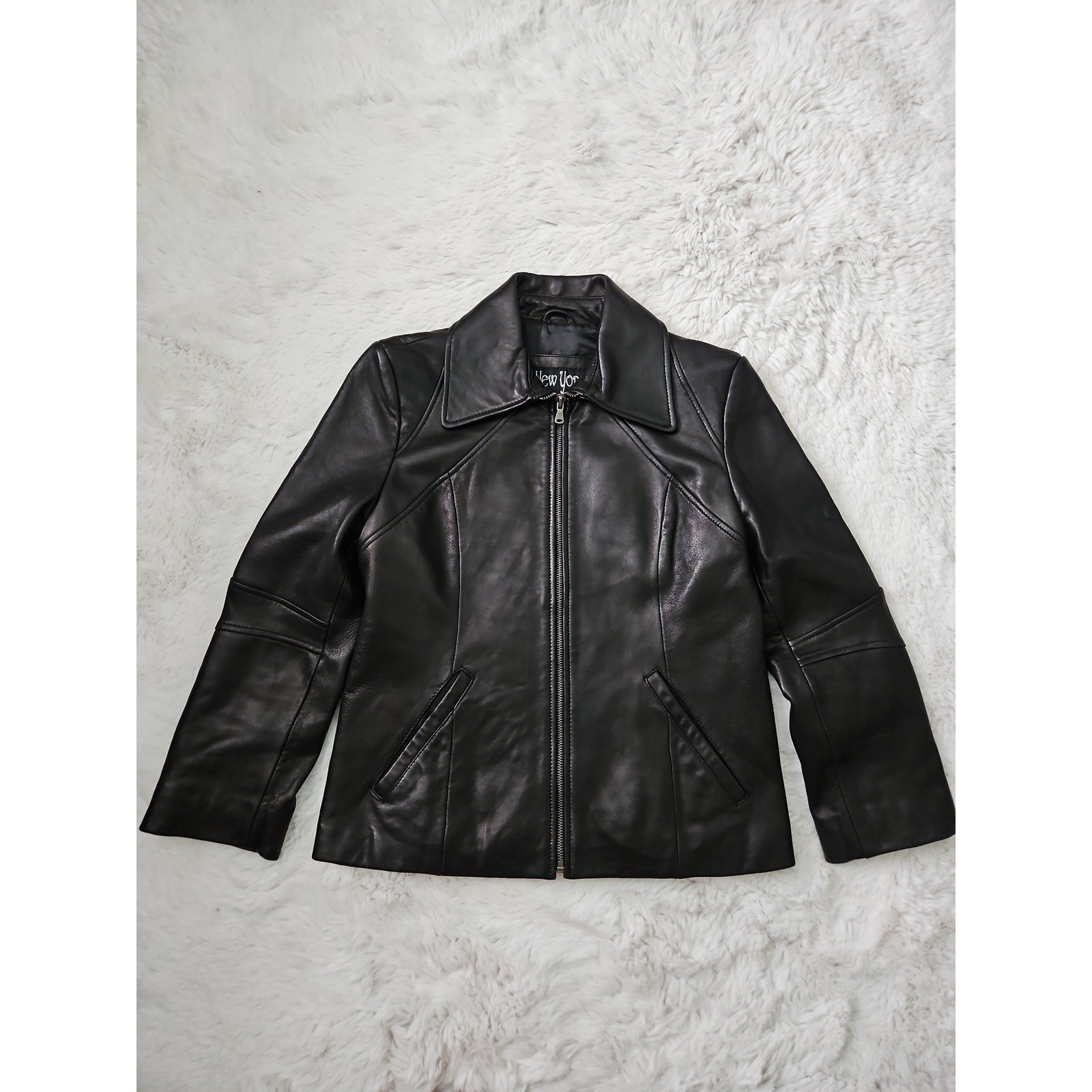 Vintage Y2K New York 10018 Black Genuine Leather Zip Up Moto Jacket Women’s M