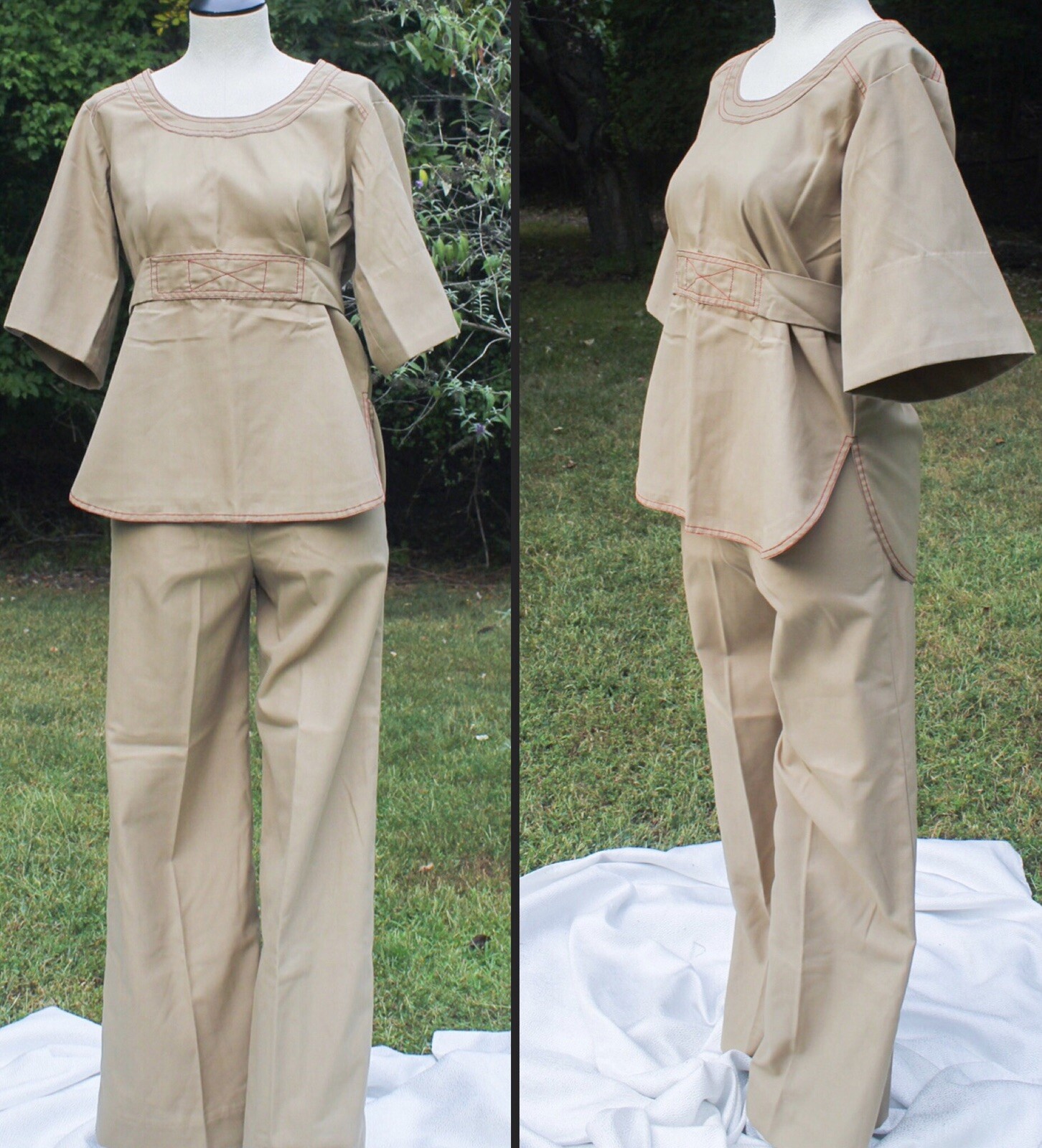 Vtg 70s Wide Pants Tunic Top Handmade Set OOAK Bell Sleeve Brown Khaki S 4 6
