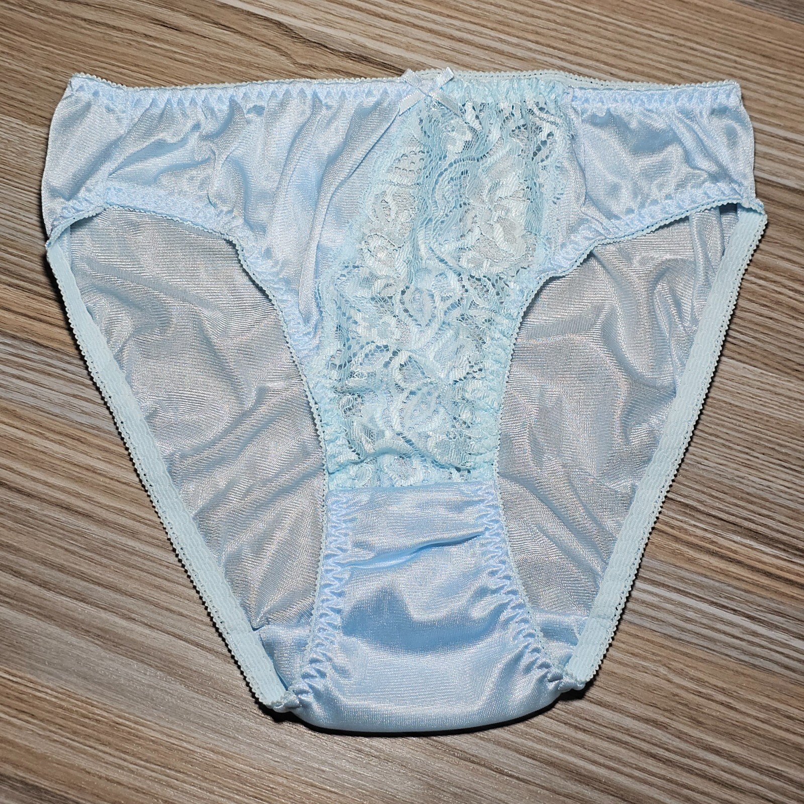 Vintage Slippery Nylon Panty Sissy Blue Lace Silky Brief Size 7-8 Hip 38-42″