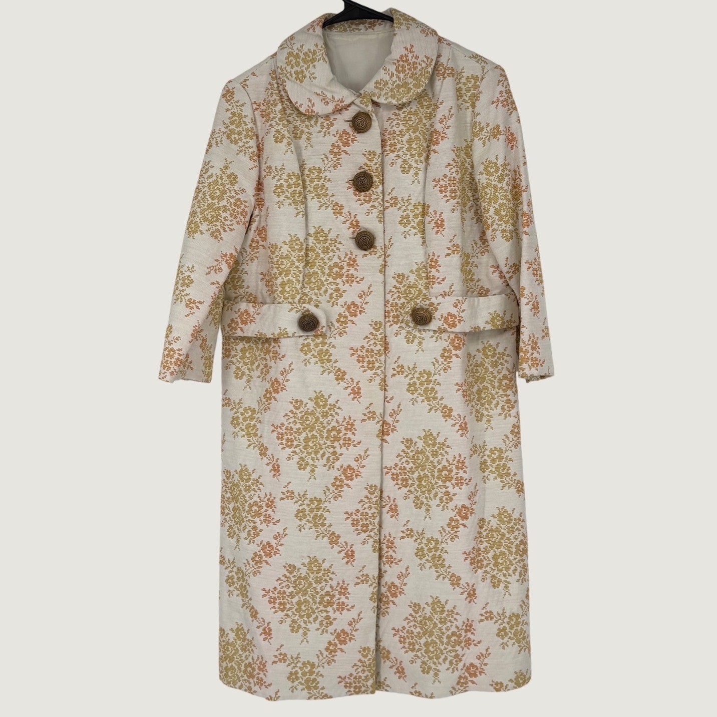 Vintage 60s Floral Brocade Mid Length Coat Orange Yellow Peter Pan Collar Mod