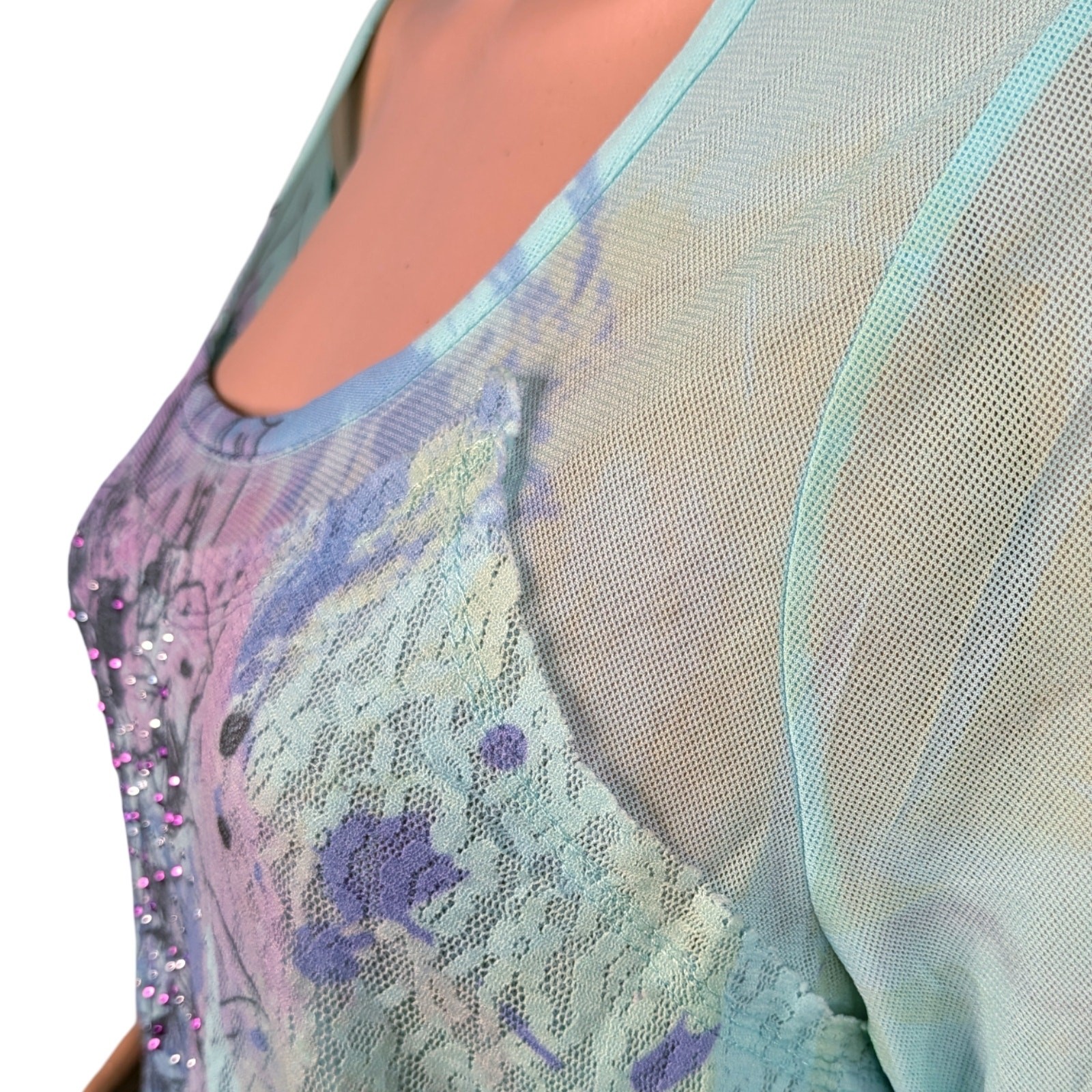Vintage Dressbarn Y2K Pastel Blue Floral Nylon Mesh Tunic Top L Rhinestone Lace