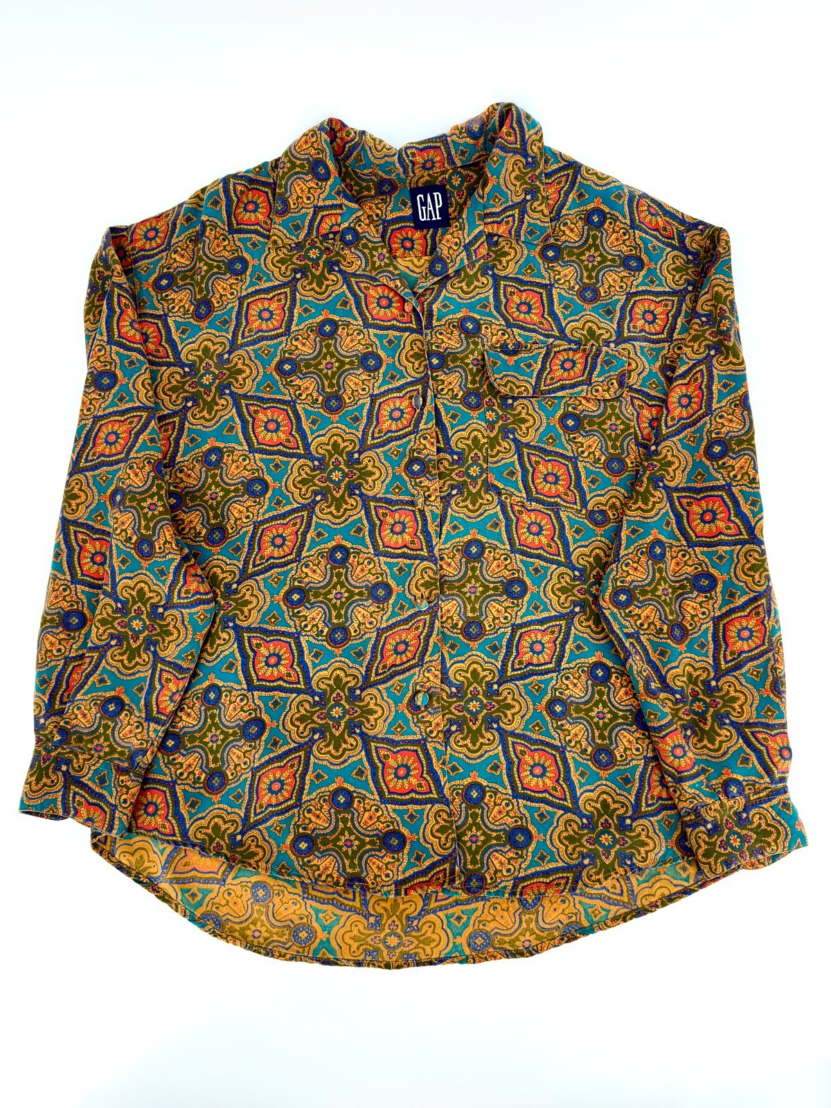 Vintage 90s Gap Geometric Silk-Feel Blouse Large Boxy Kaleidoscope Psychedelic