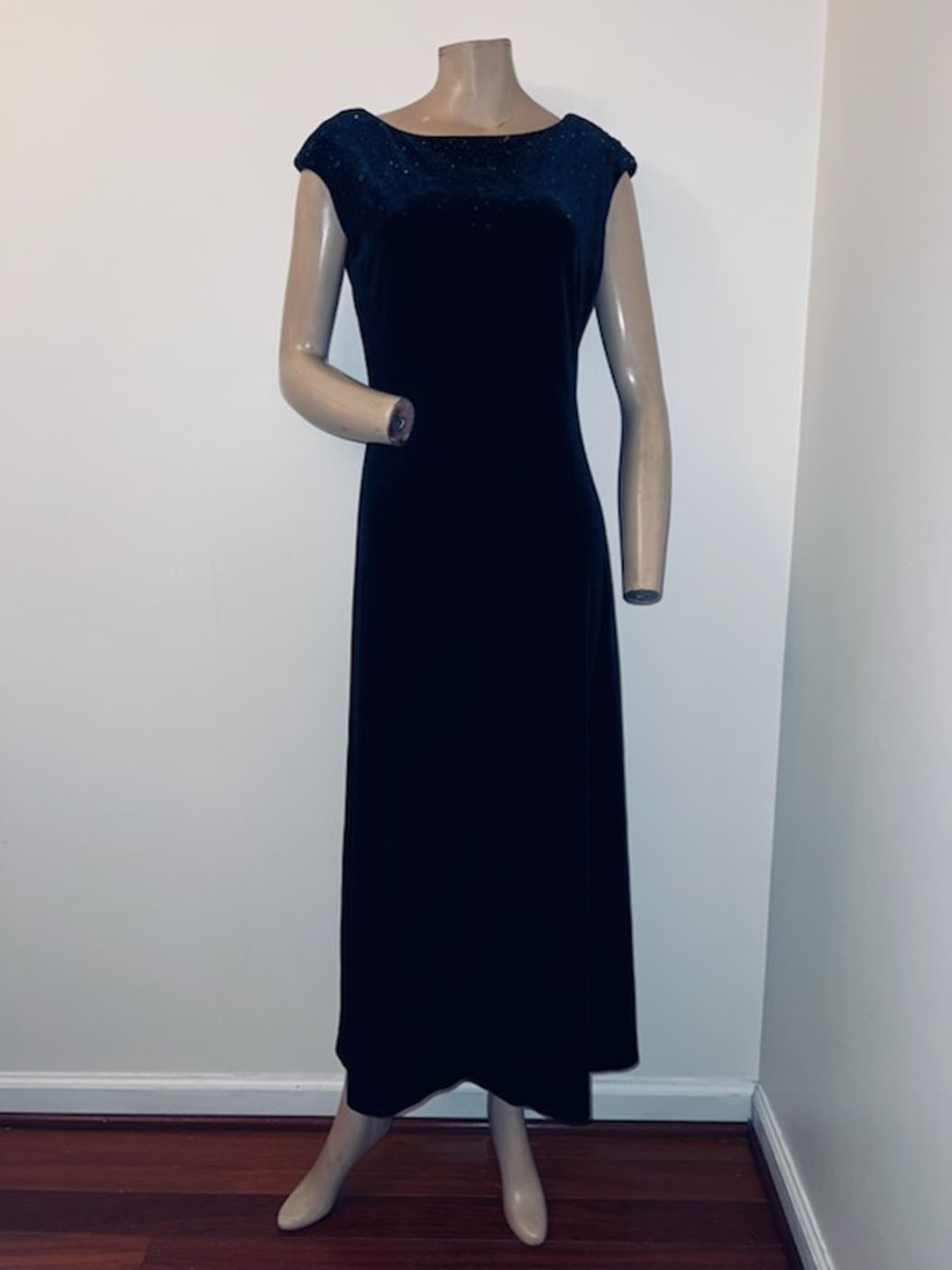 Vintage 80s J.R. Nites Caliendo Blue Velvet Beaded Sequin Maxi Formal Dress S/M