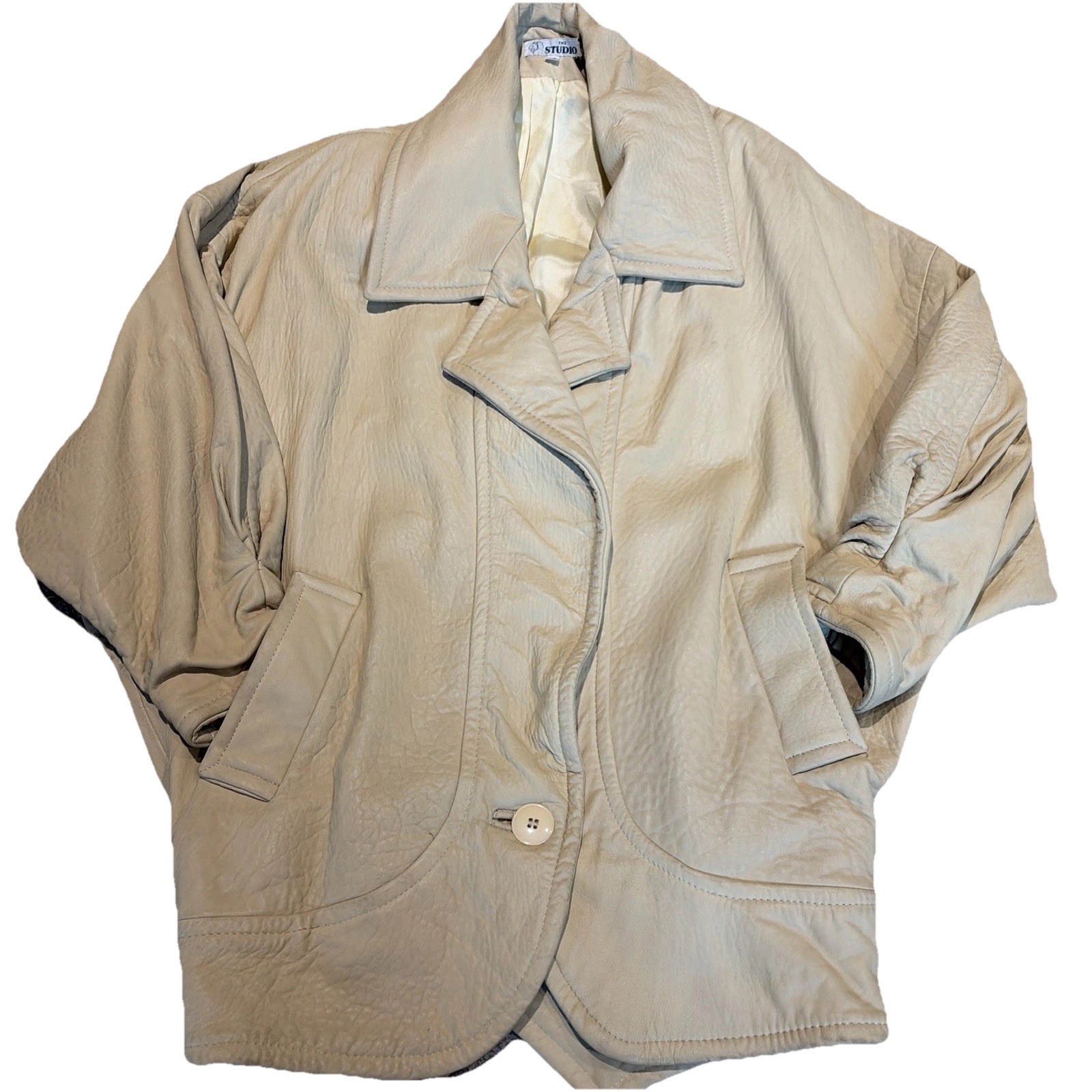 VTG 80s Studio Womens Leather Jacket Size Petite M Beige Pleated Batwing Sleeves