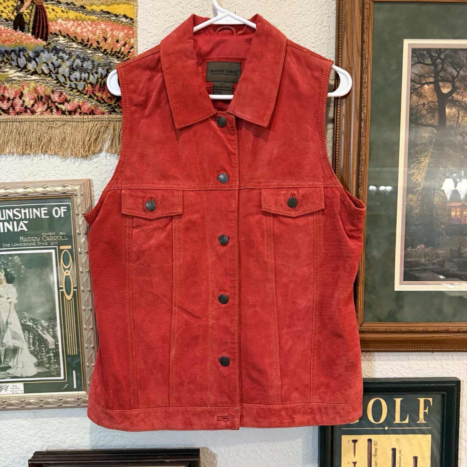 Vintage 90s Brandon Thomas Women’s Large Leather Button Front Vest Western Red