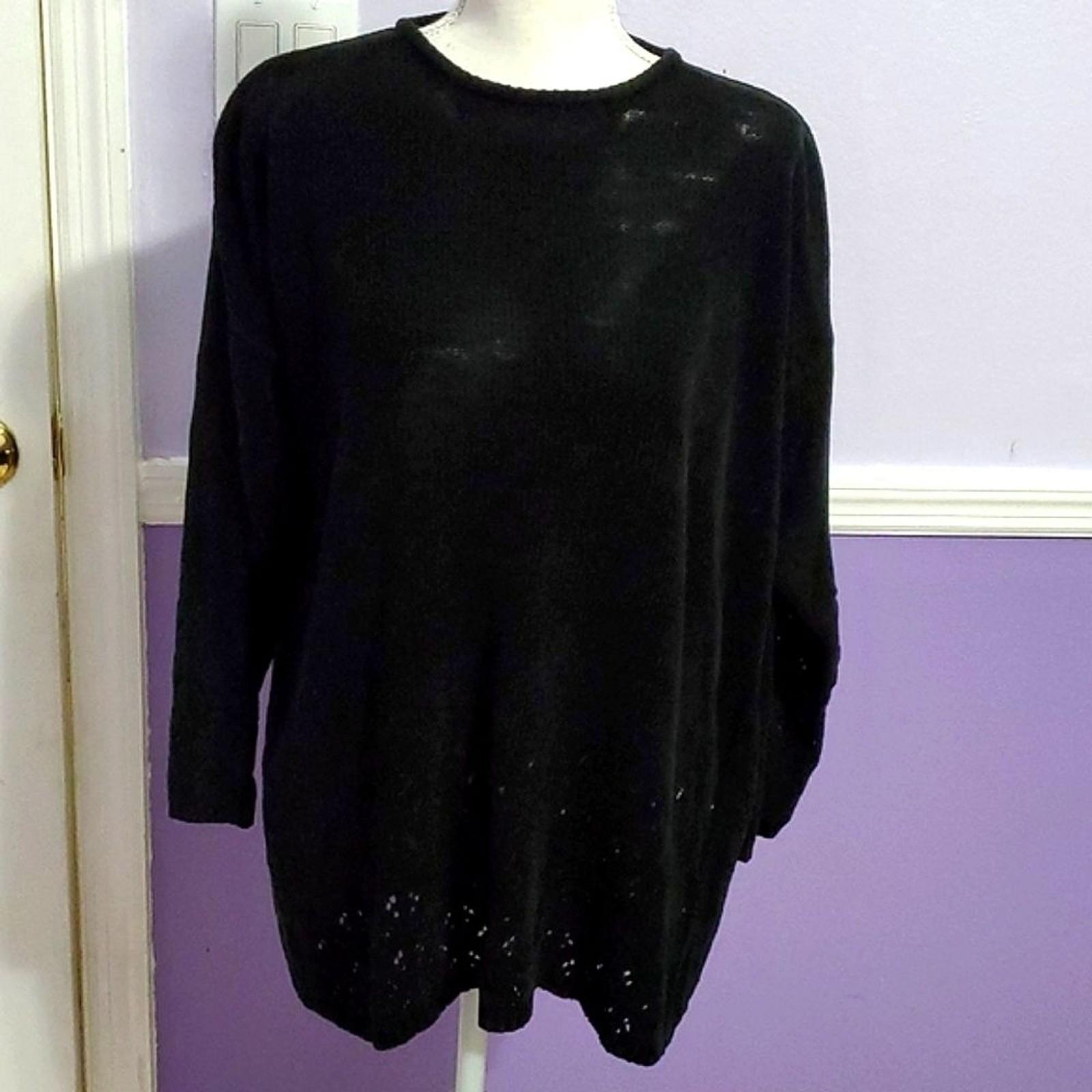 Amanda Smith Black Soft Chenille Pointelle Knit Oversized Slouchy Sweater S