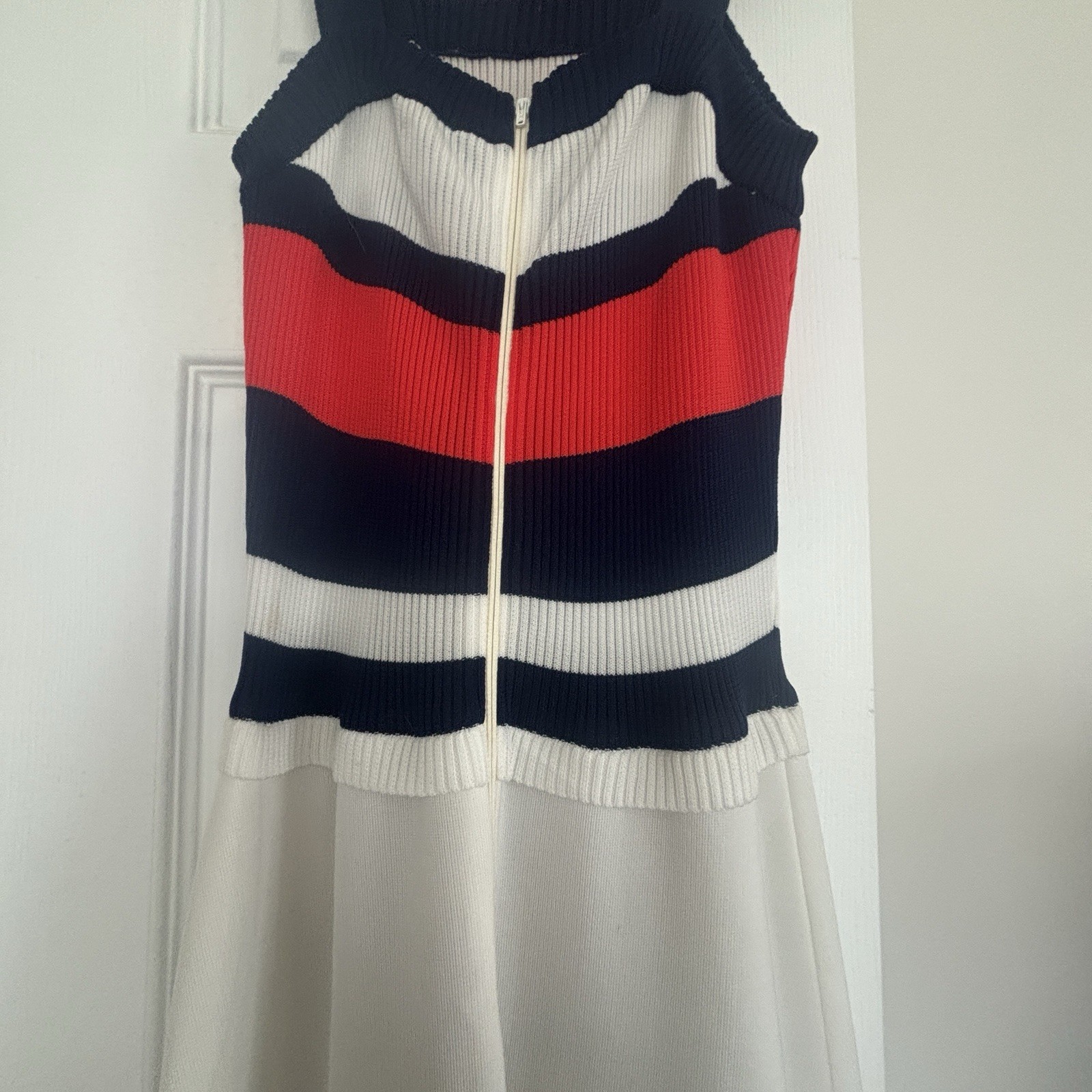Vtg 70s Roncelli 5/6 Blue White Red Fit & Flare Maxi Dress Mod Retro w/ Scarf