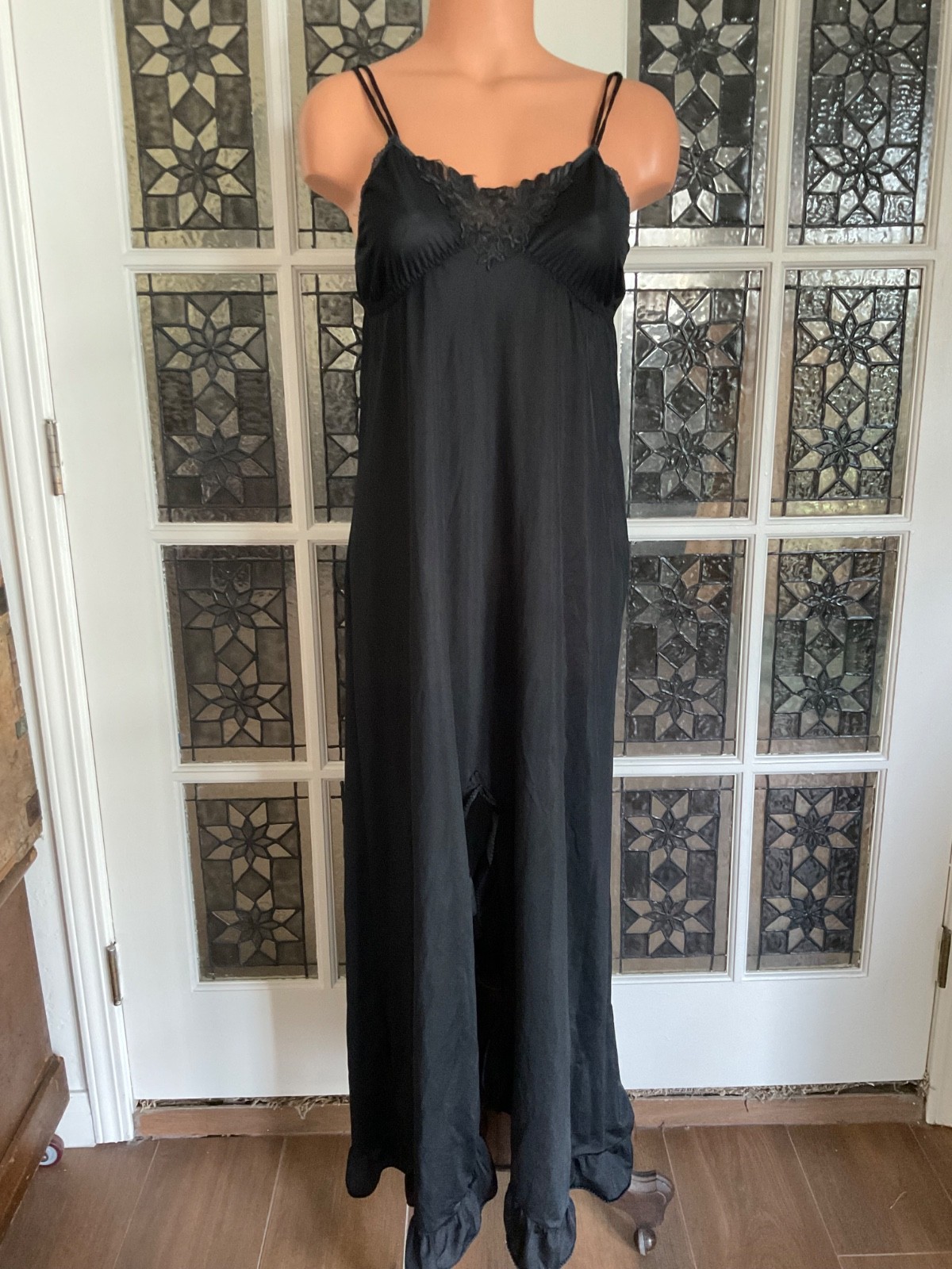 Vintage 1960s Long Black Silky Sheer Nylon Nightgown Ruffled Hem Size 32”-34”