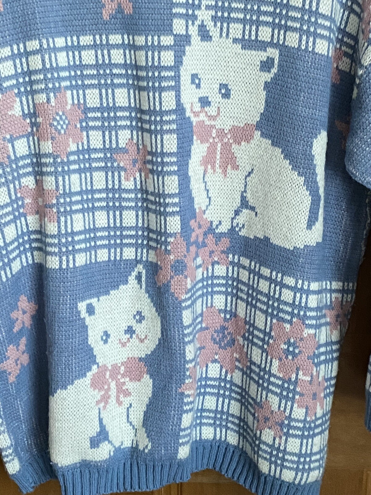 Vintage 80s Adele Kitty Cat Blue Pink Knit Sweater Fairy Kei Sz L/XL