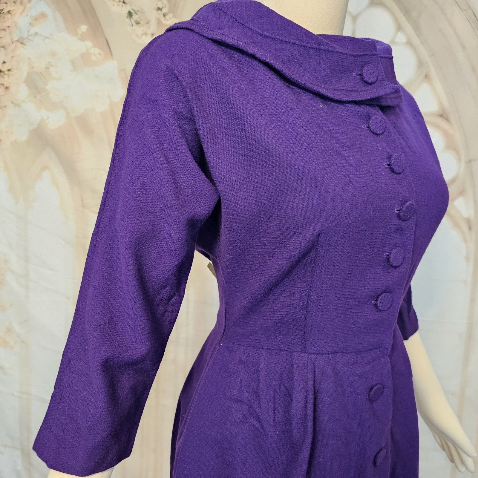 Vintage 1950s Fitted Wiggle Dress Wool Purple A Pomette Fashion Pinup Rockabilly