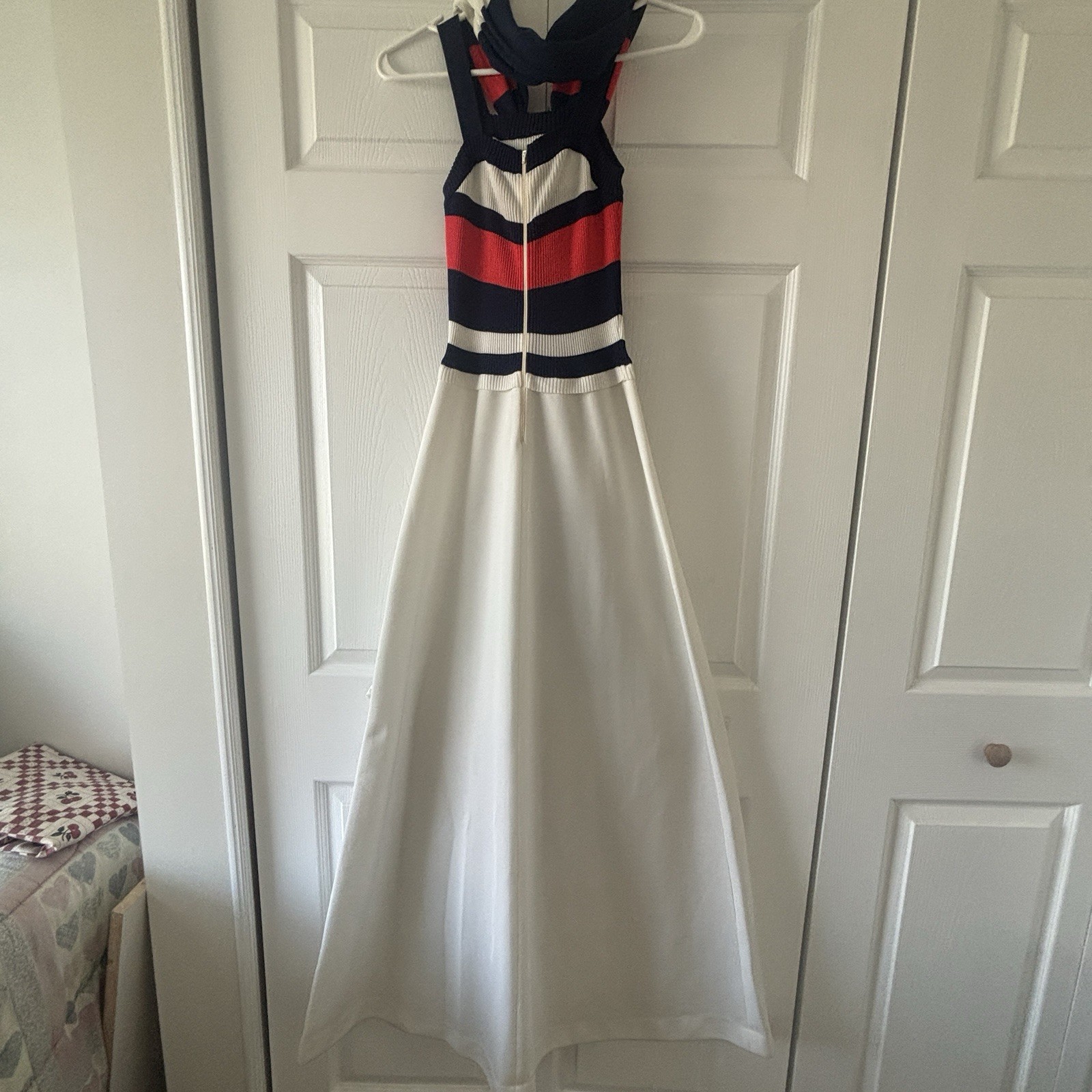 Vtg 70s Roncelli 5/6 Blue White Red Fit & Flare Maxi Dress Mod Retro w/ Scarf