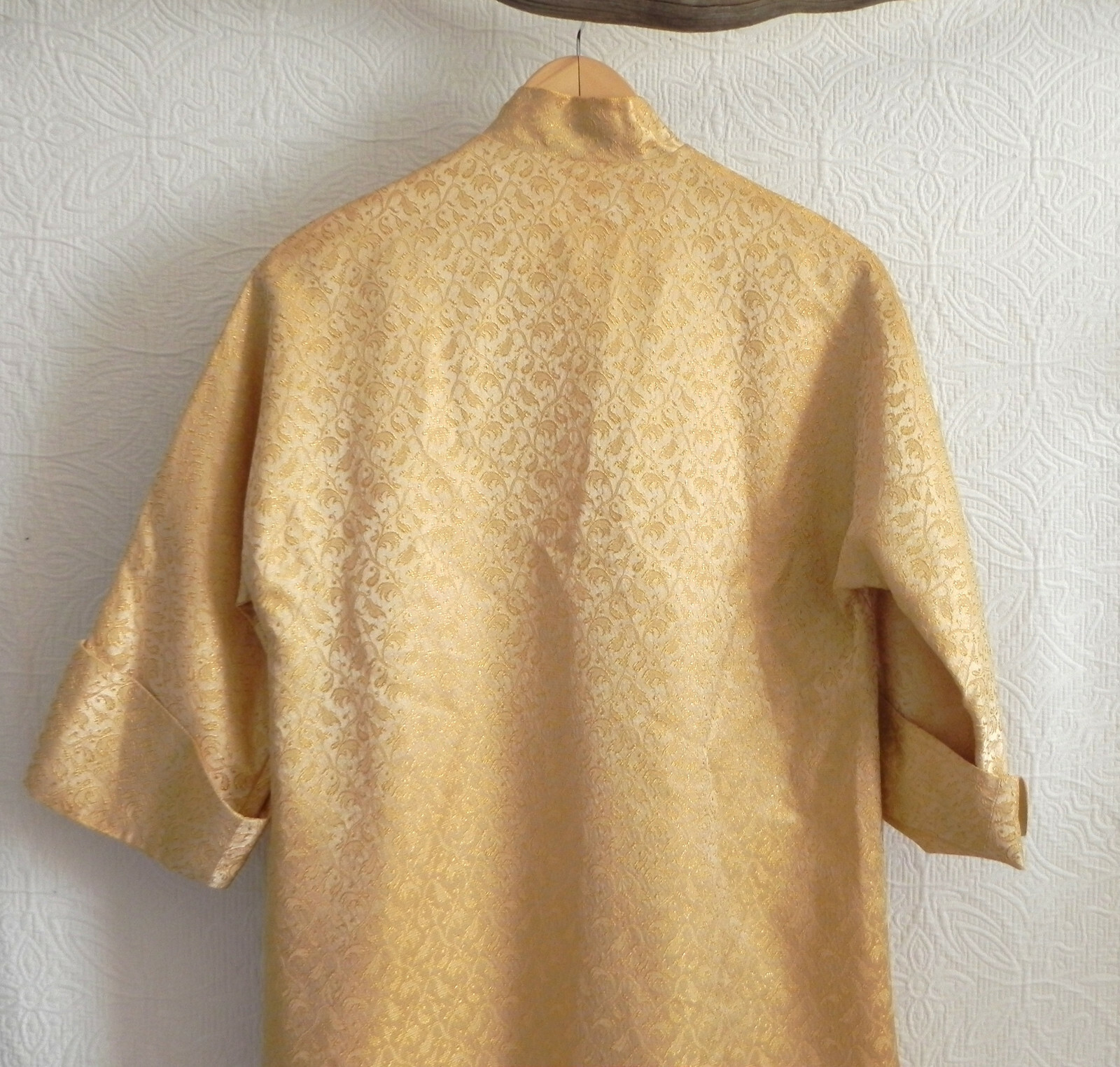 Vtg RARE Janet Frocks Duster Gold Dolman Sleeve Mandarin Style Slit Sides Size M