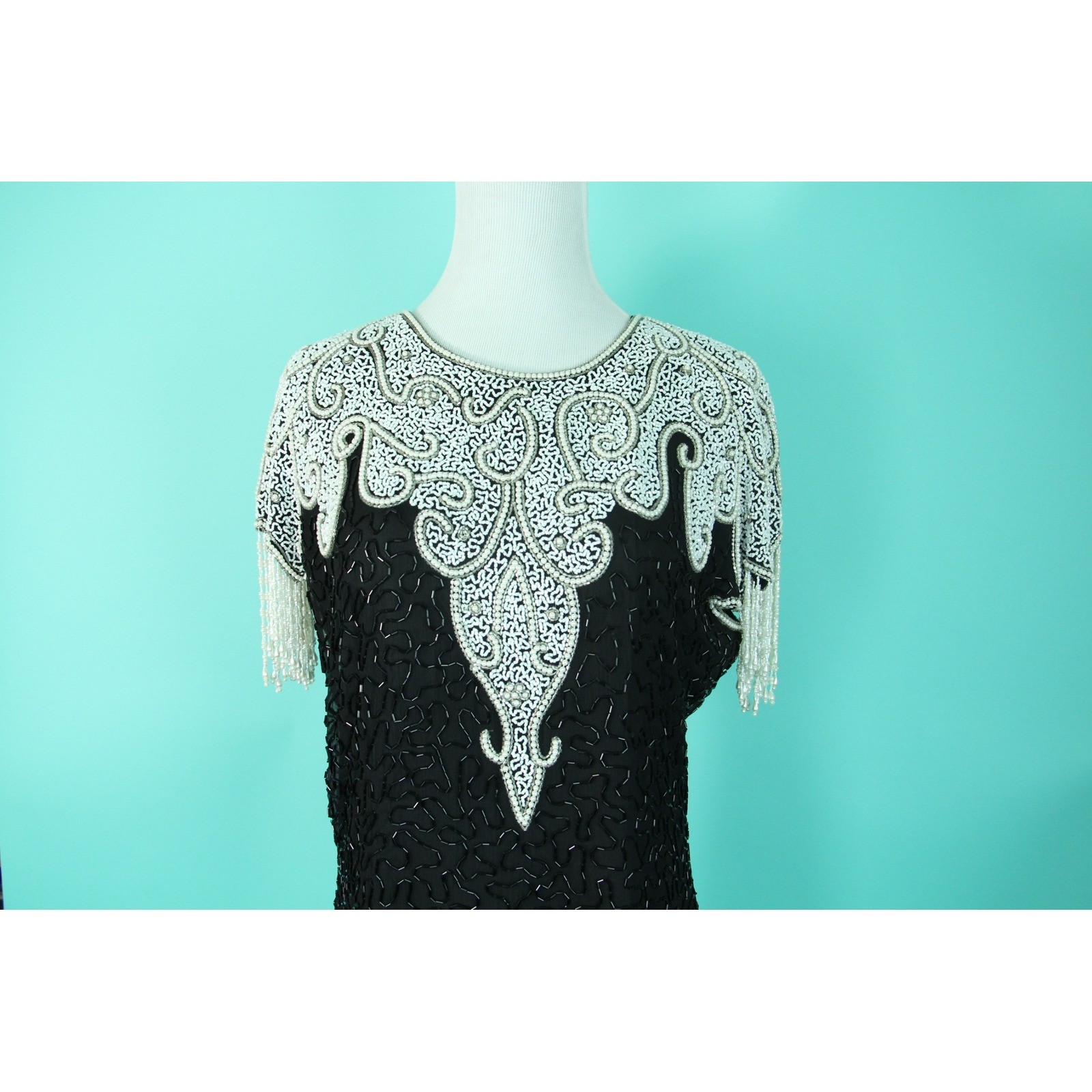 Vintage Scala Black Beaded Silk Dress White Pearl Bib Fringe Cocktail Sheath L