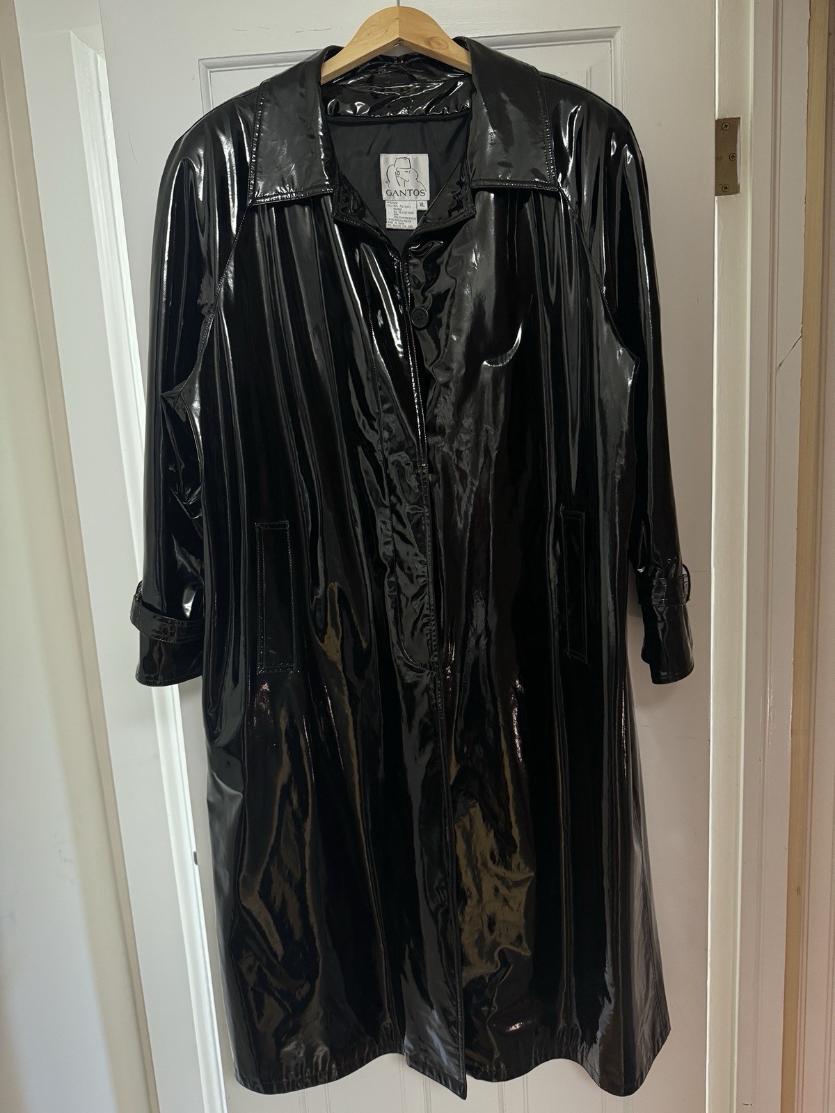 VINTAGE Slick Black Maxi Belted Trench Coat GANTOS USA Goth WM XL