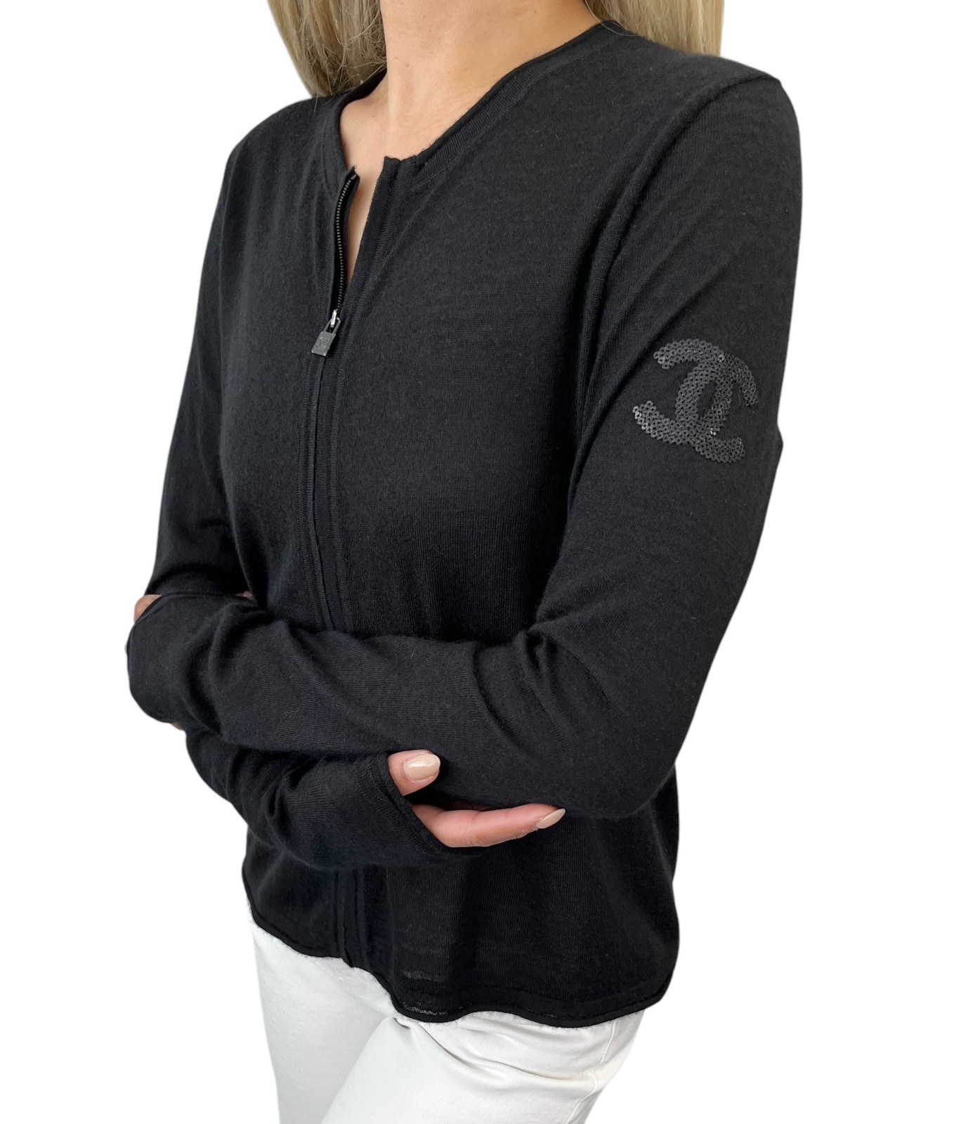 CHANEL Sport Vintage 09A CC Logo Cashmere Zipped Jacket #34 Sequins Black