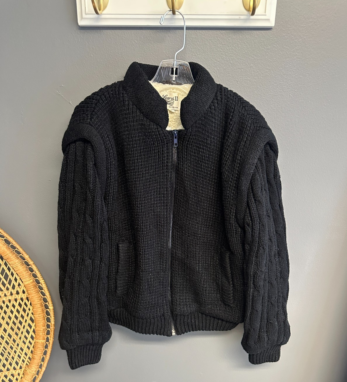 Vintage 70s Womens M/L Sweater Coat Black Knit Sherpa Lined Zip Up Cropped Jkt