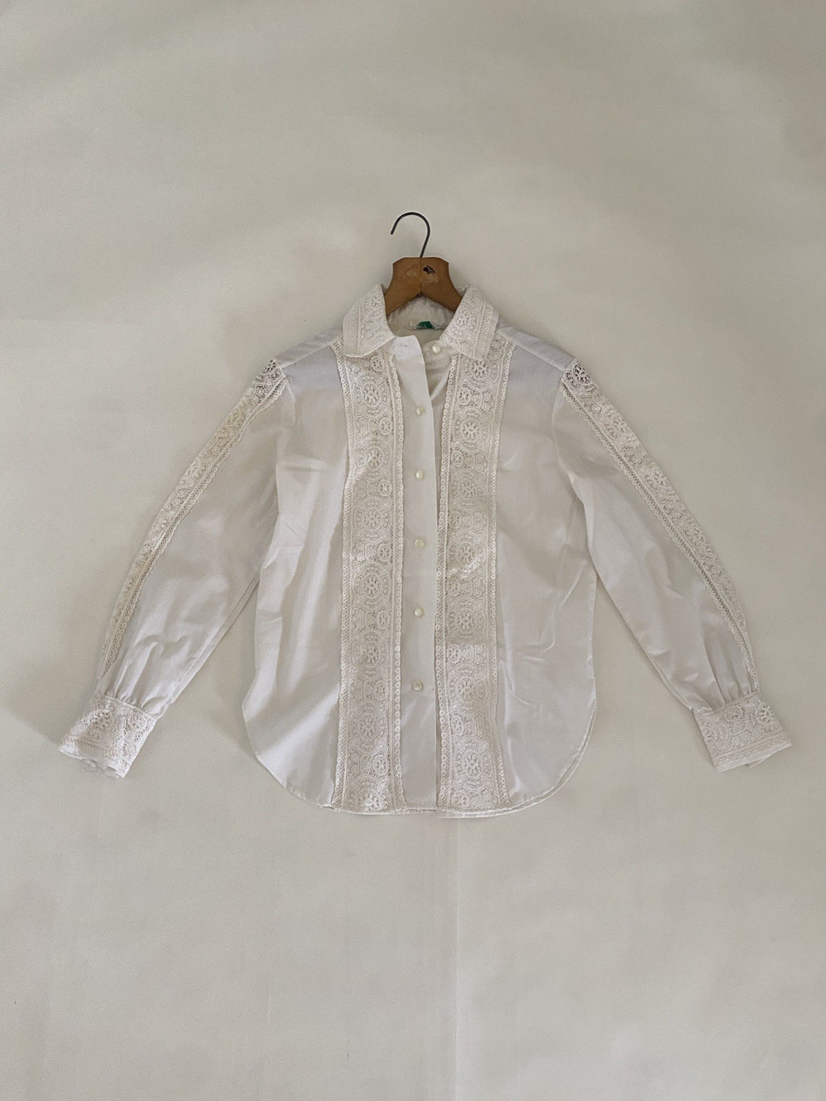 VTG 70s XS / Small Ivory White Sheer Blouse Long Sleeve Cotton Lace Majorette