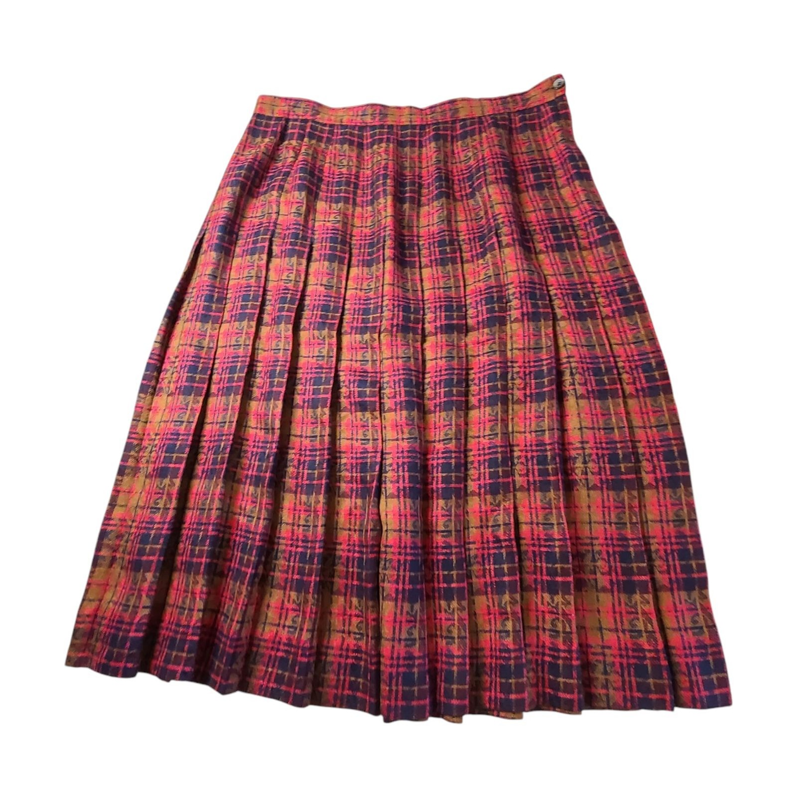 Vintage Wickford Pleated Plaid Midi Wool Skirt Brown Red Academia 14