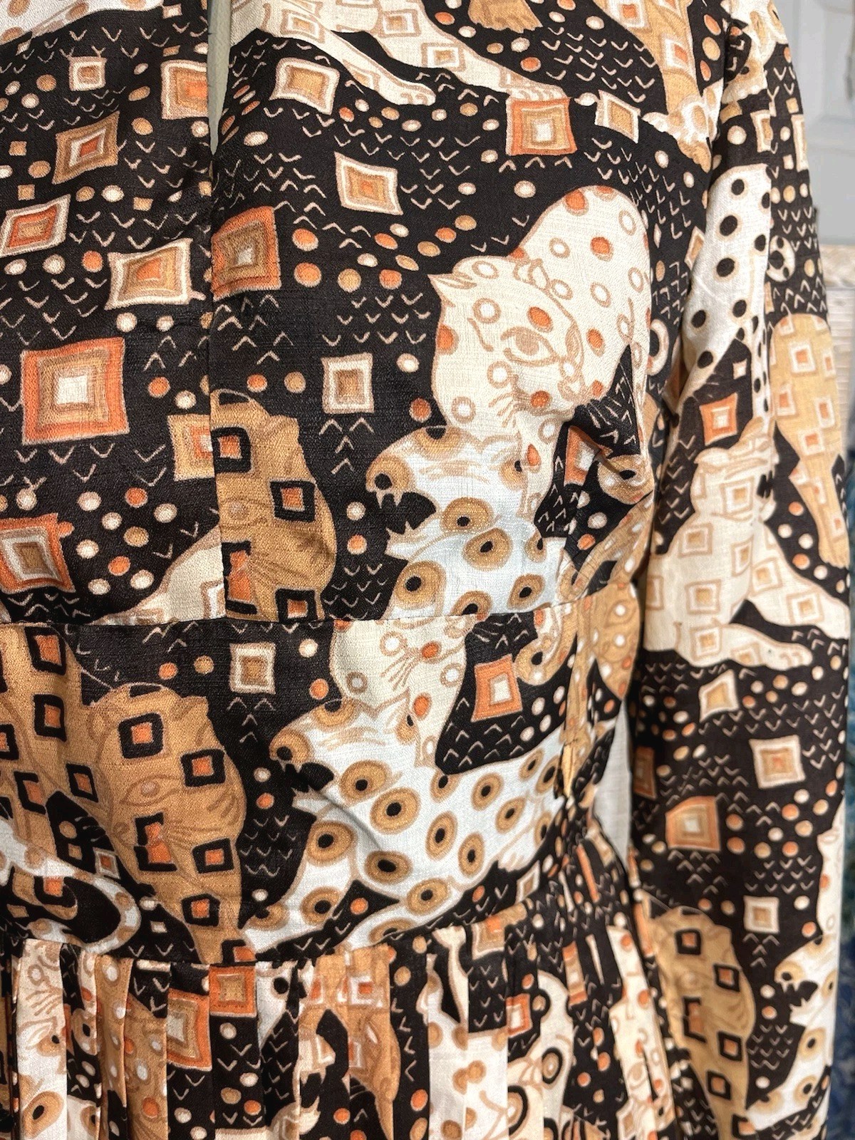 Vtg 1970’s Jaguars Psychedelic Print Dress S Mandarin Collar Pleated Skirt Union